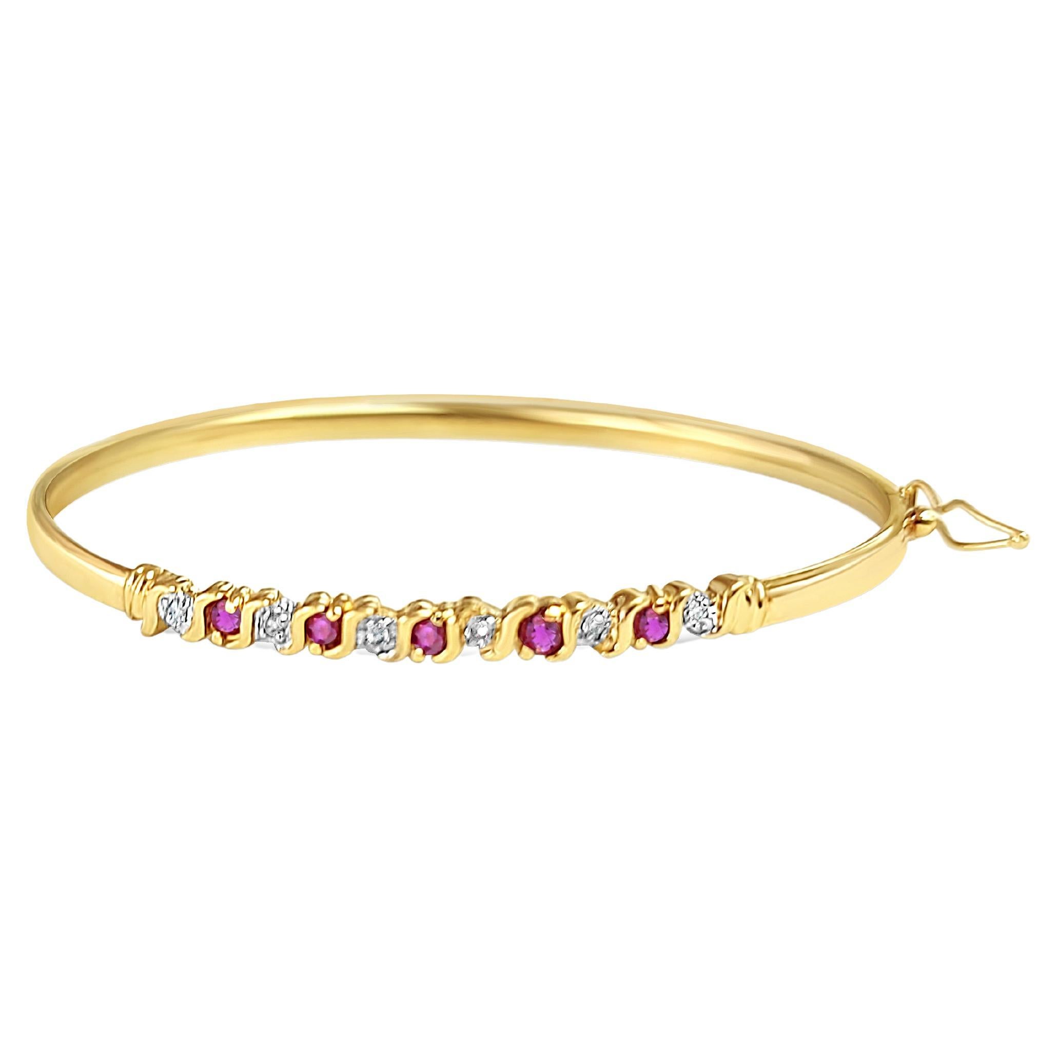 S Style Vintage Ruby Diamond Bangle 14k Yellow Gold For Sale