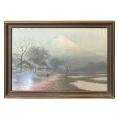 S. Tosuke Signed Original Japanese Watercolor Landscape Painting of Mount Fuji