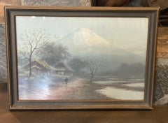 S. Tosuke Signed Original Japanese Watercolor Landscape Painting of Mount Fuji