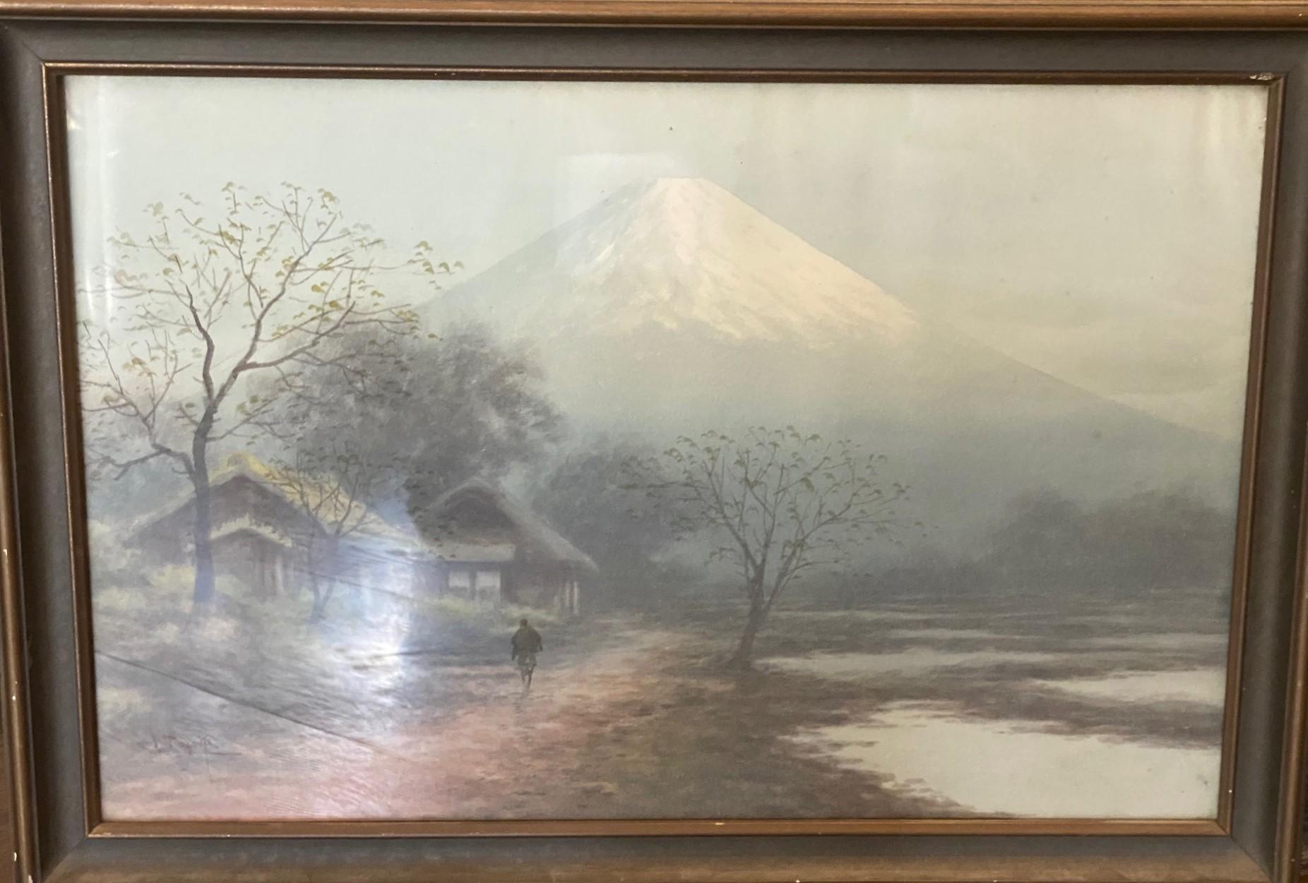 Taisho S. Tosuke Firmato Acquerello originale giapponese del paesaggio del Monte Fuji in vendita