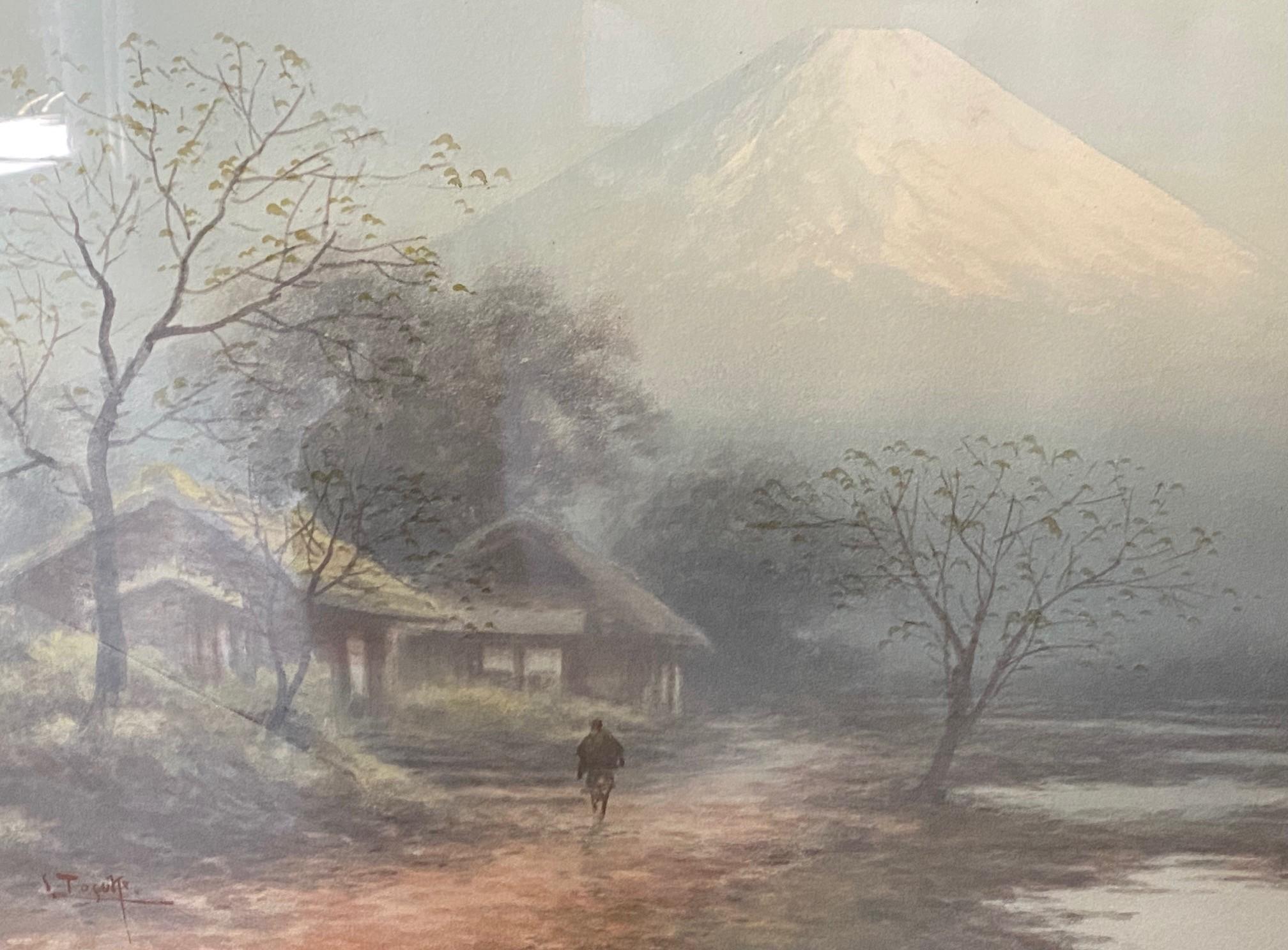 Giapponese S. Tosuke Firmato Acquerello originale giapponese del paesaggio del Monte Fuji in vendita