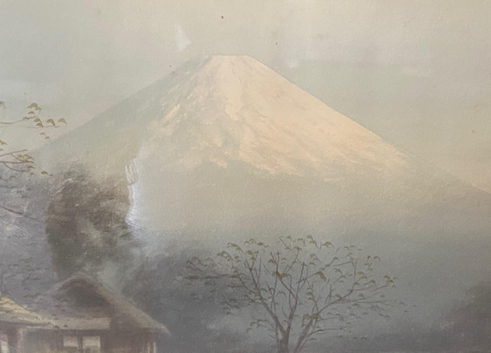Dipinto a mano S. Tosuke Firmato Acquerello originale giapponese del paesaggio del Monte Fuji in vendita