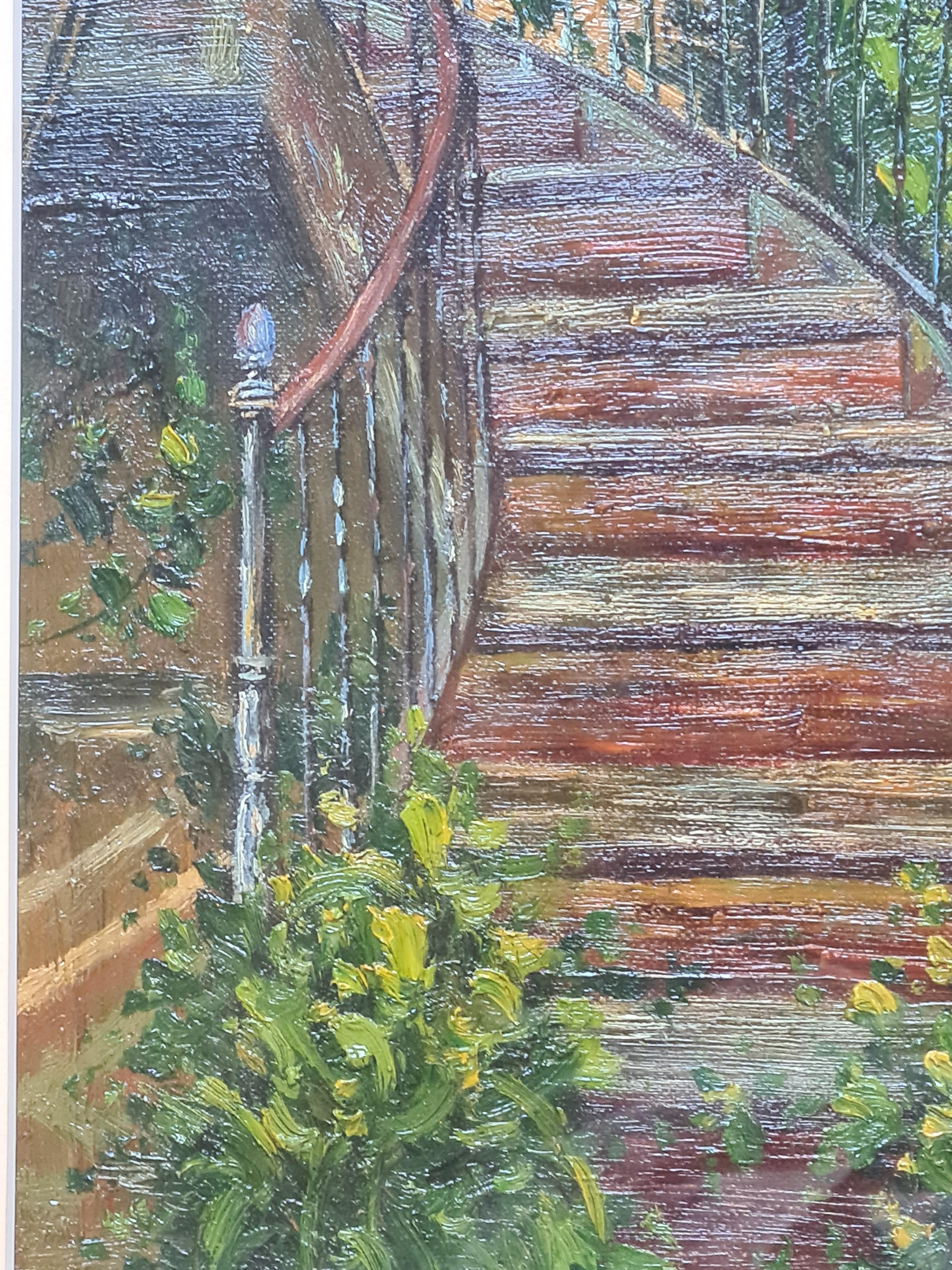 Scène de jardin avec escalier, huile sur panneau en vente 5
