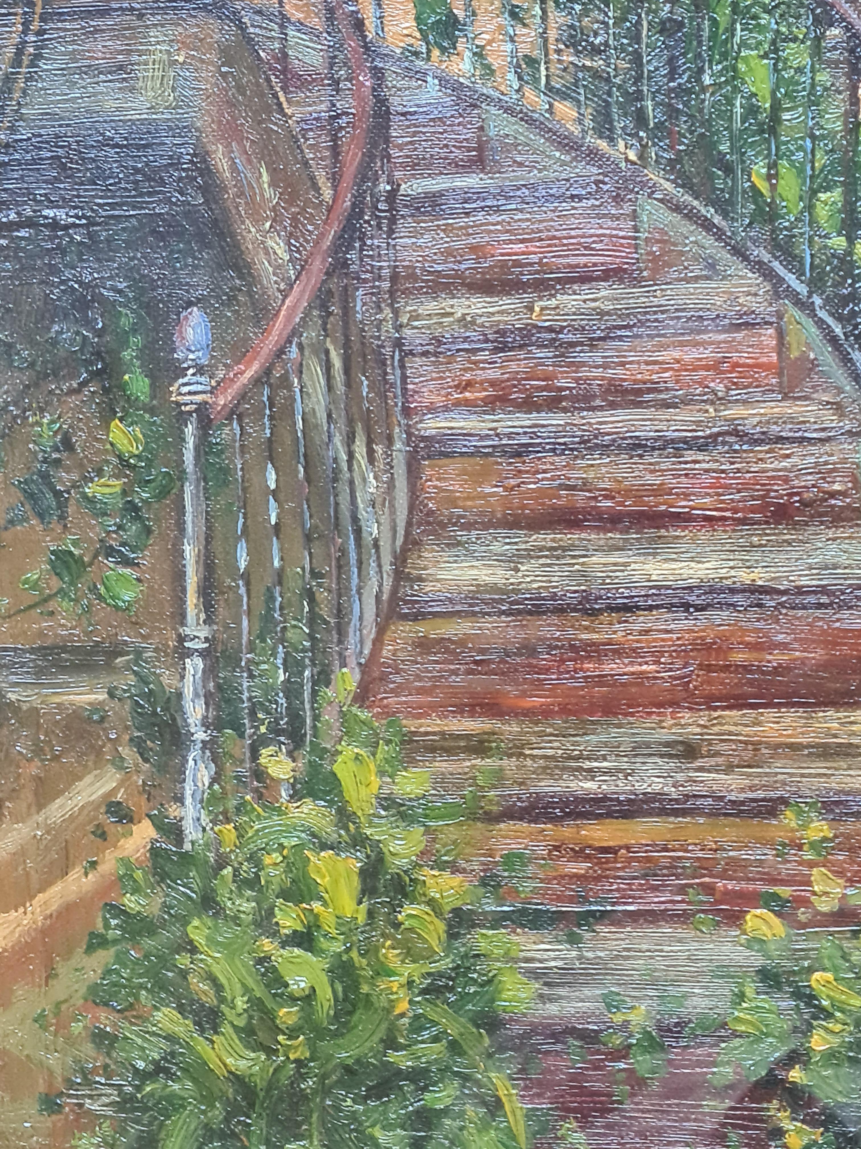Scène de jardin avec escalier, huile sur panneau en vente 6