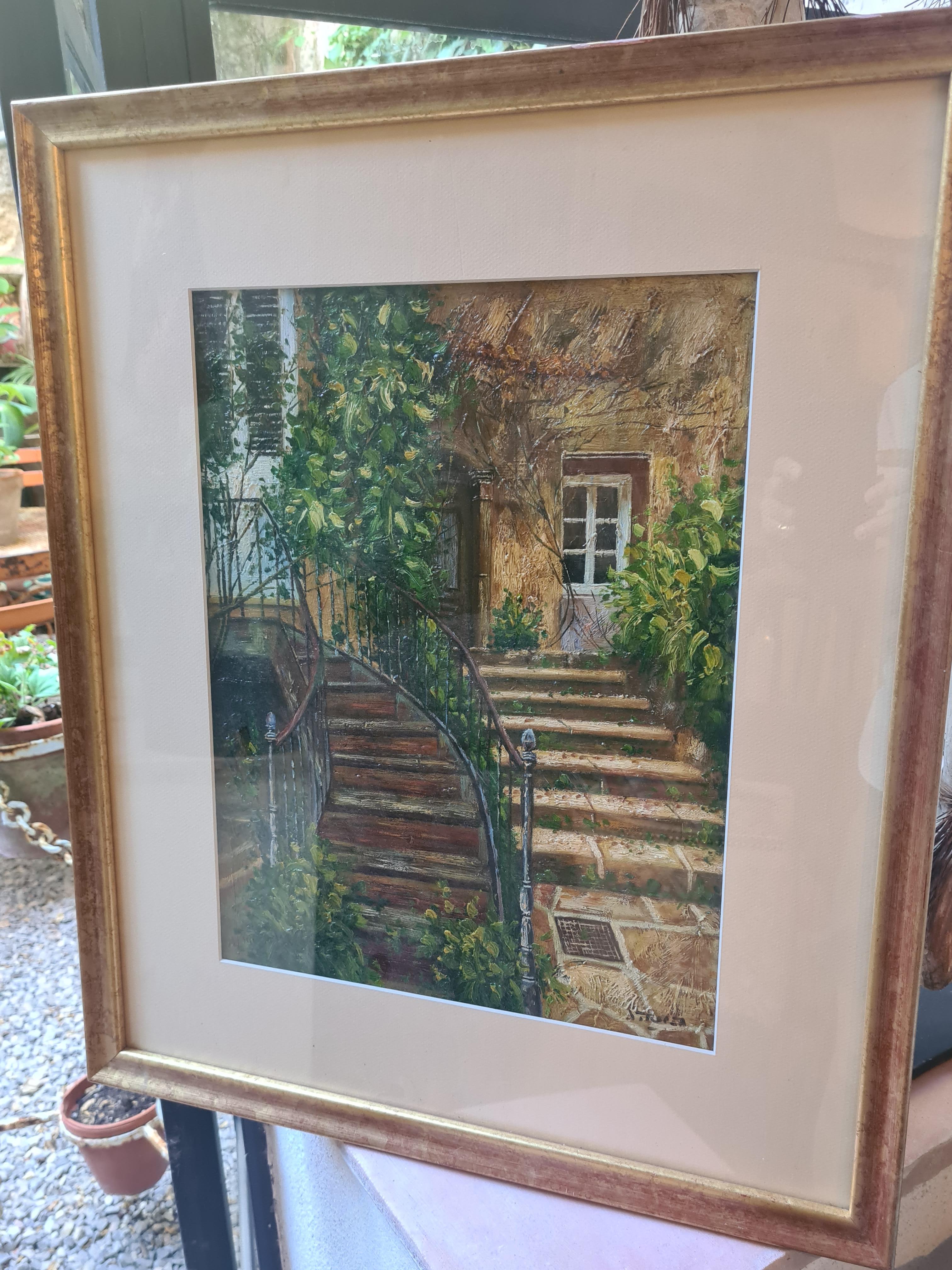 Scène de jardin avec escalier, huile sur panneau en vente 8