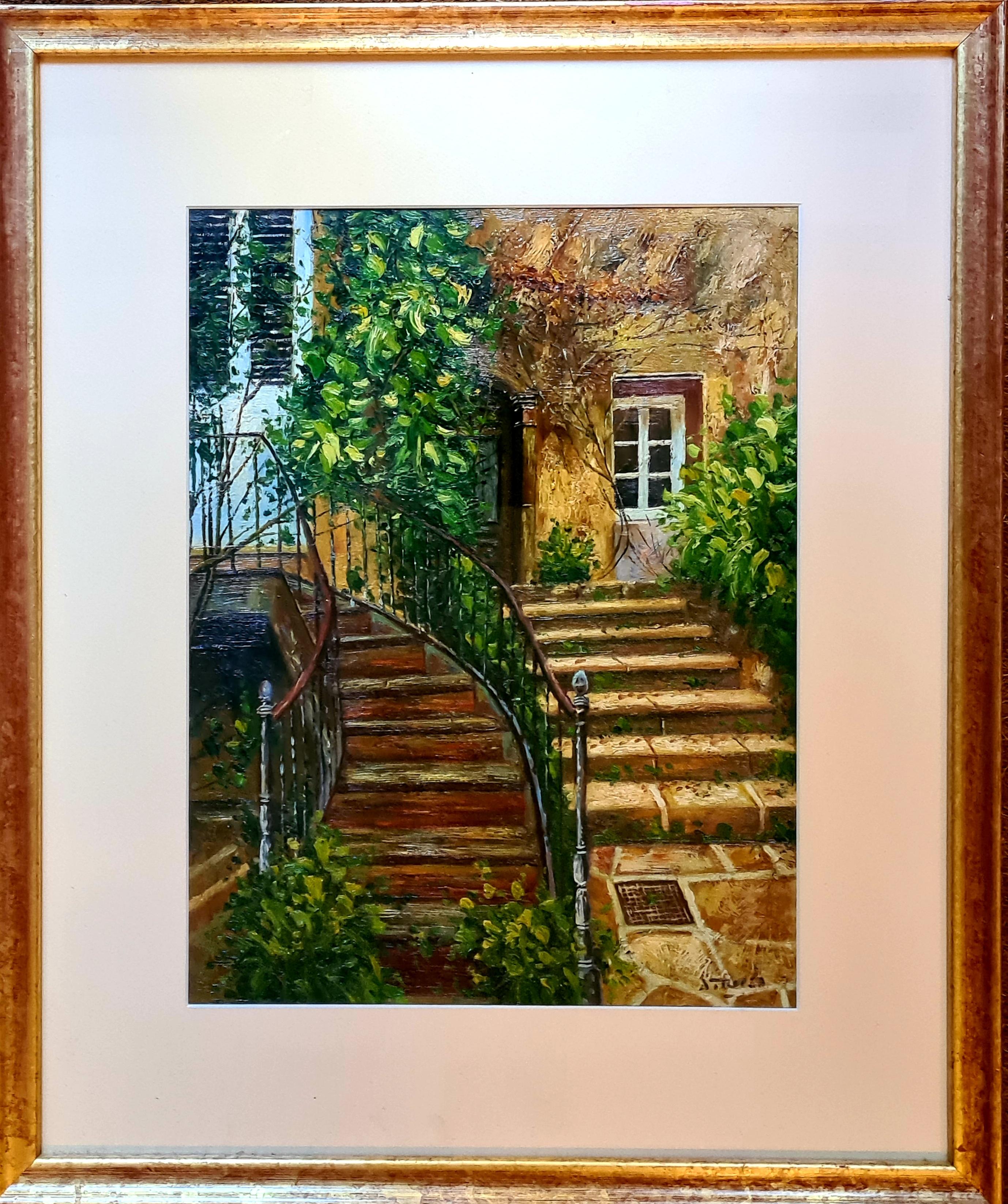 Scène de jardin avec escalier, huile sur panneau - Painting de S Tropea