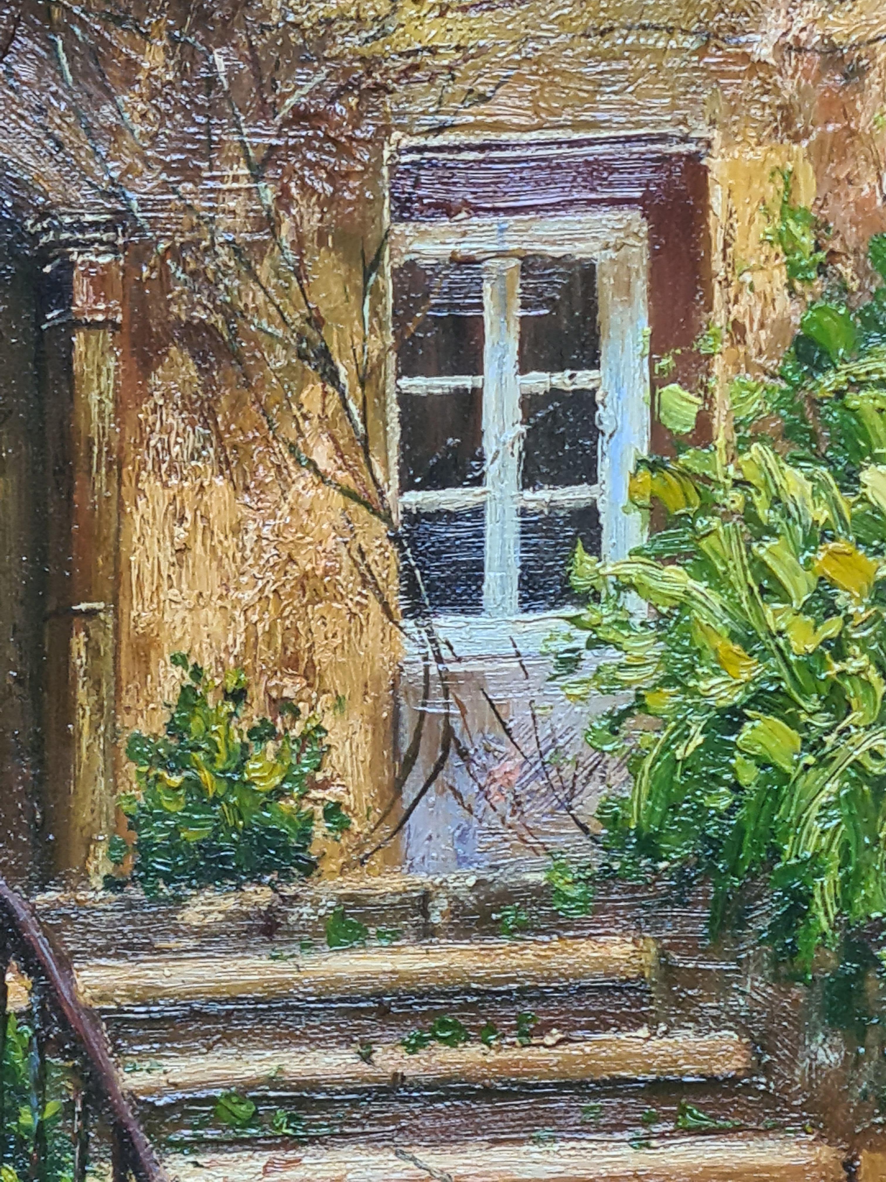 Scène de jardin avec escalier, huile sur panneau - Noir Landscape Painting par S Tropea