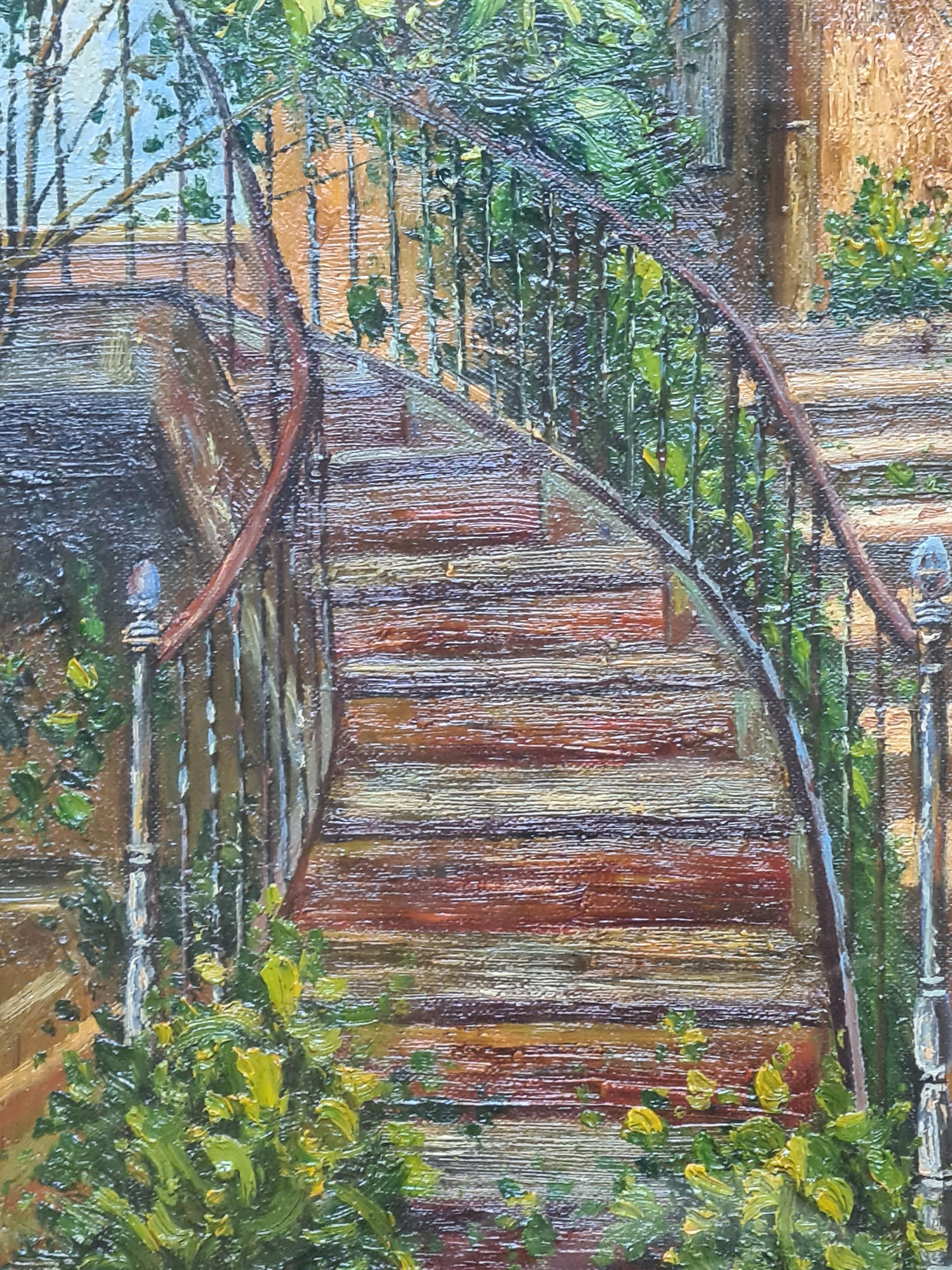 Scène de jardin avec escalier, huile sur panneau en vente 1