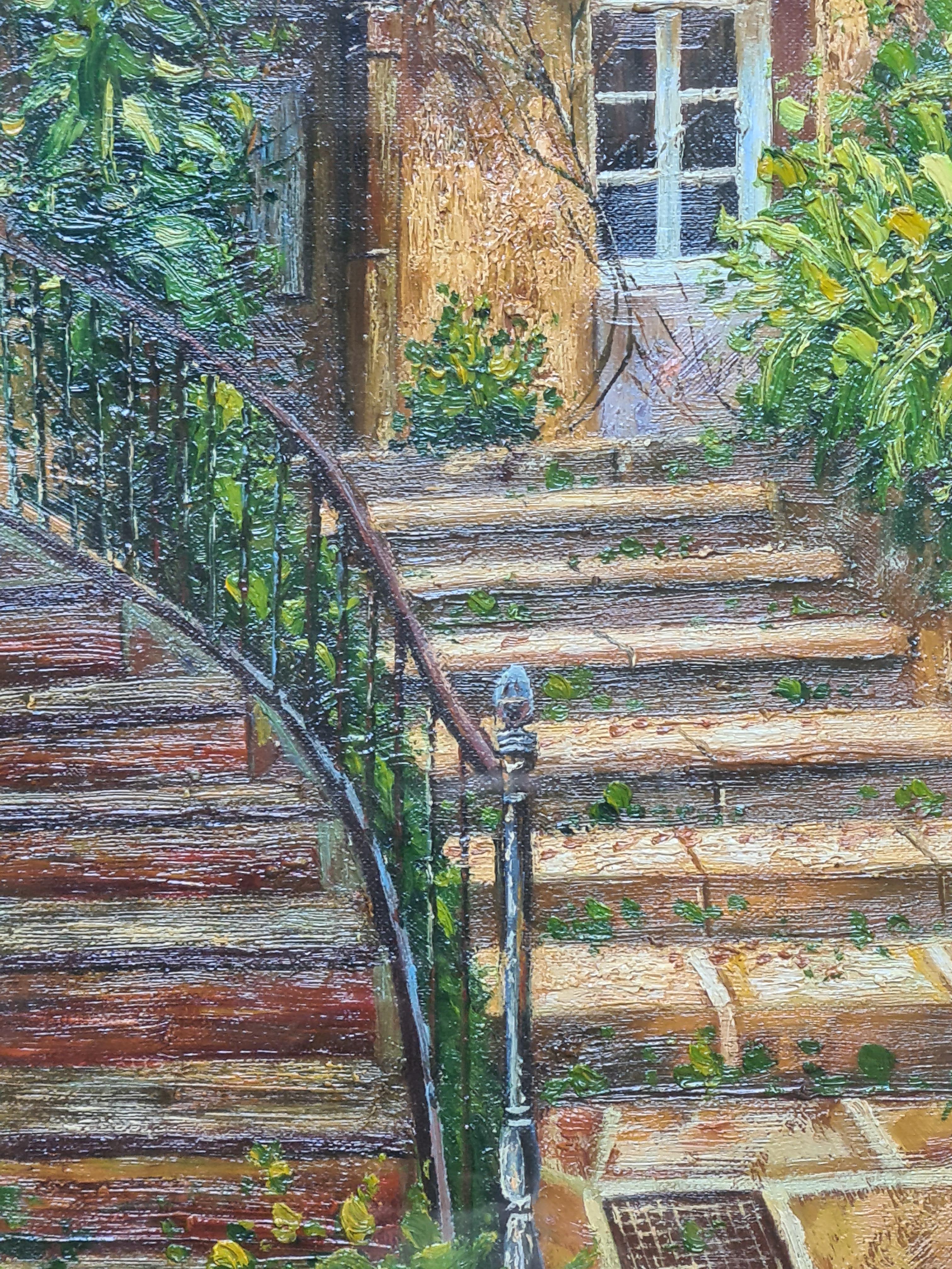 Scène de jardin avec escalier, huile sur panneau en vente 2