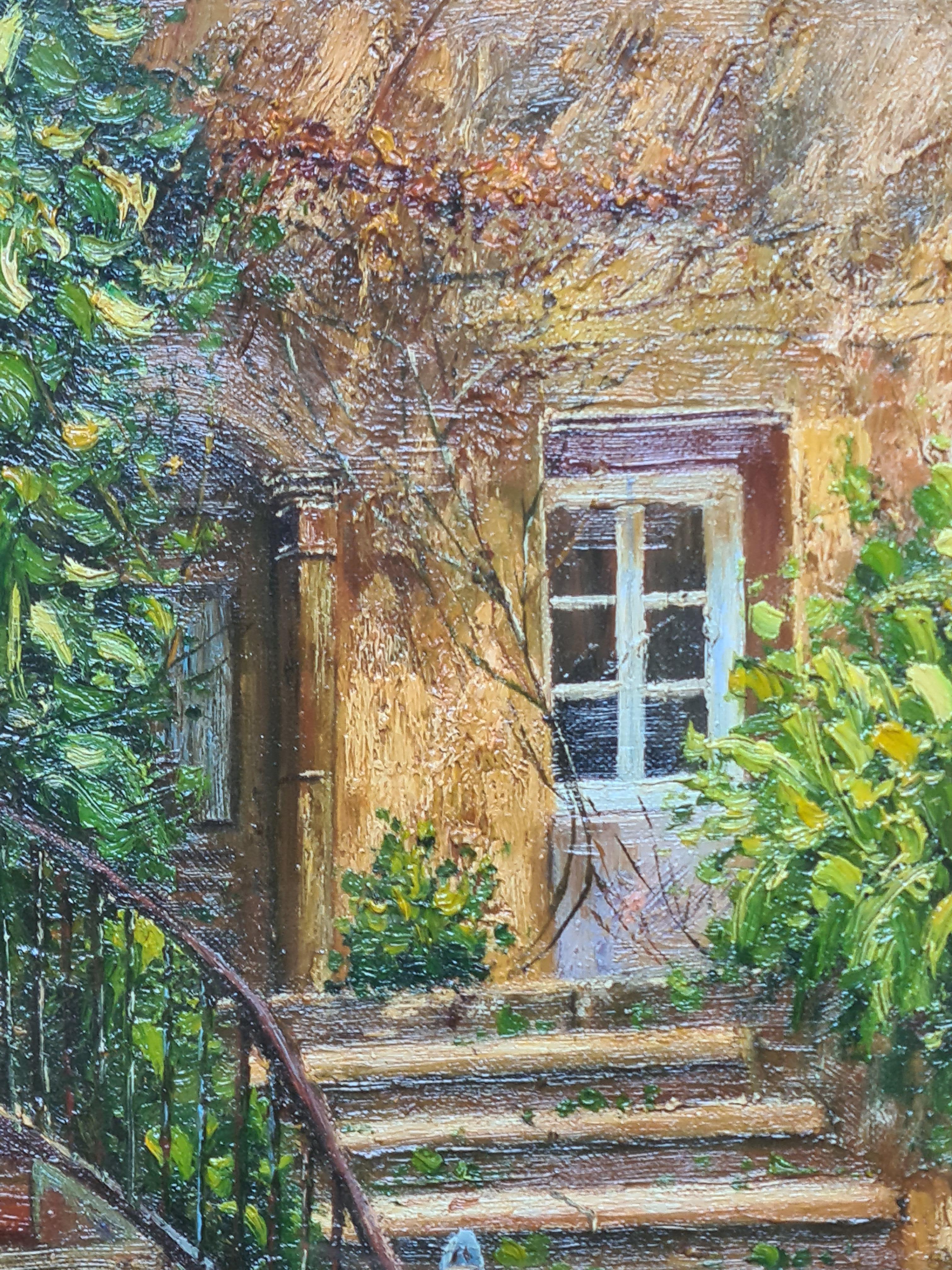 Scène de jardin avec escalier, huile sur panneau en vente 3