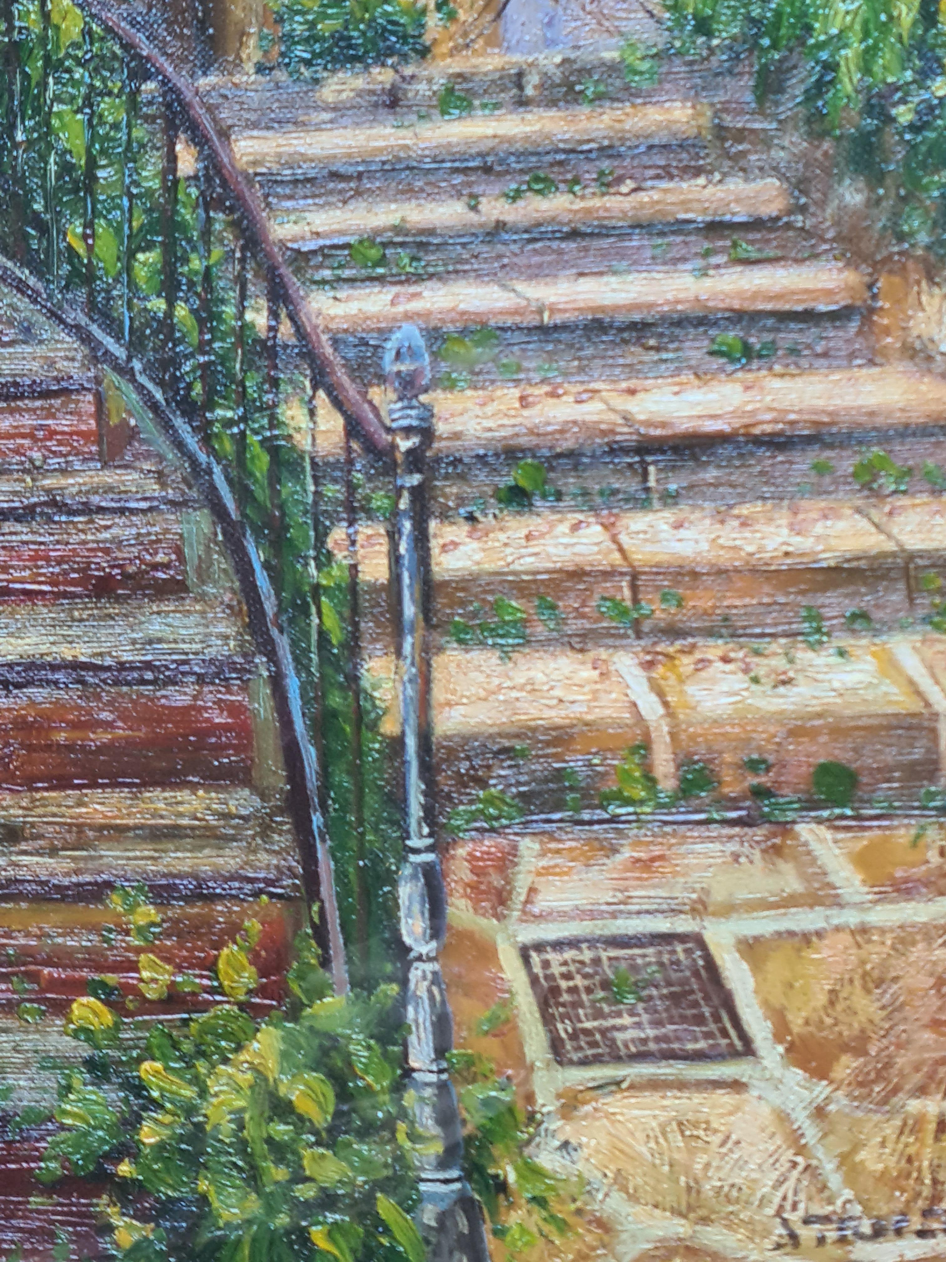 Scène de jardin avec escalier, huile sur panneau en vente 4