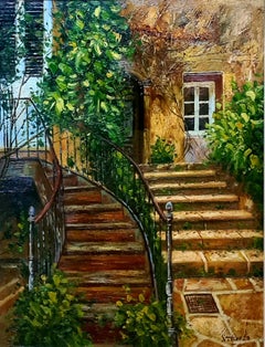 Scène de jardin avec escalier, huile sur panneau