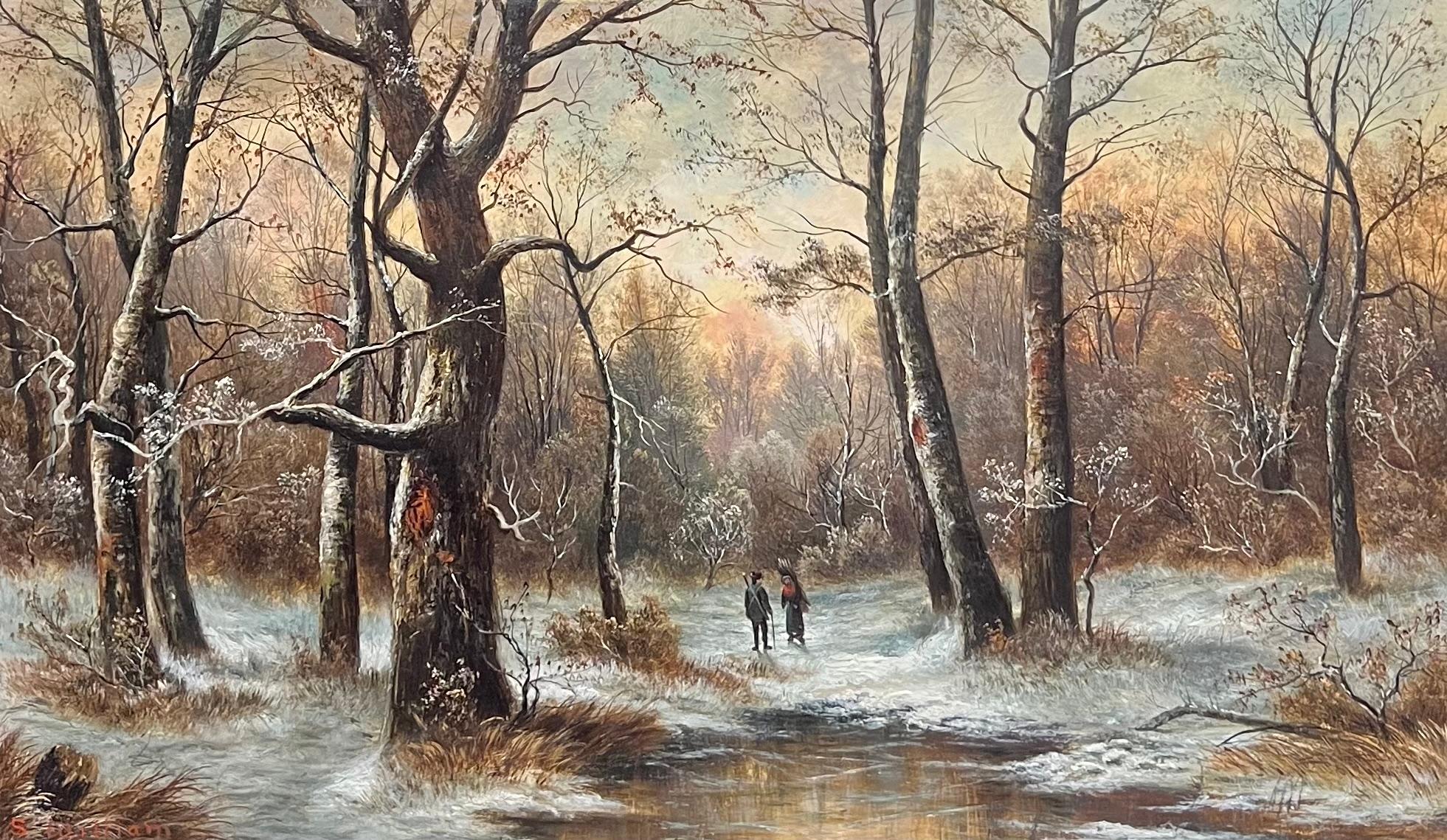 Antiguo óleo inglés Figuras en bosque nevado Paisaje tradicional firmado - Painting de S. William