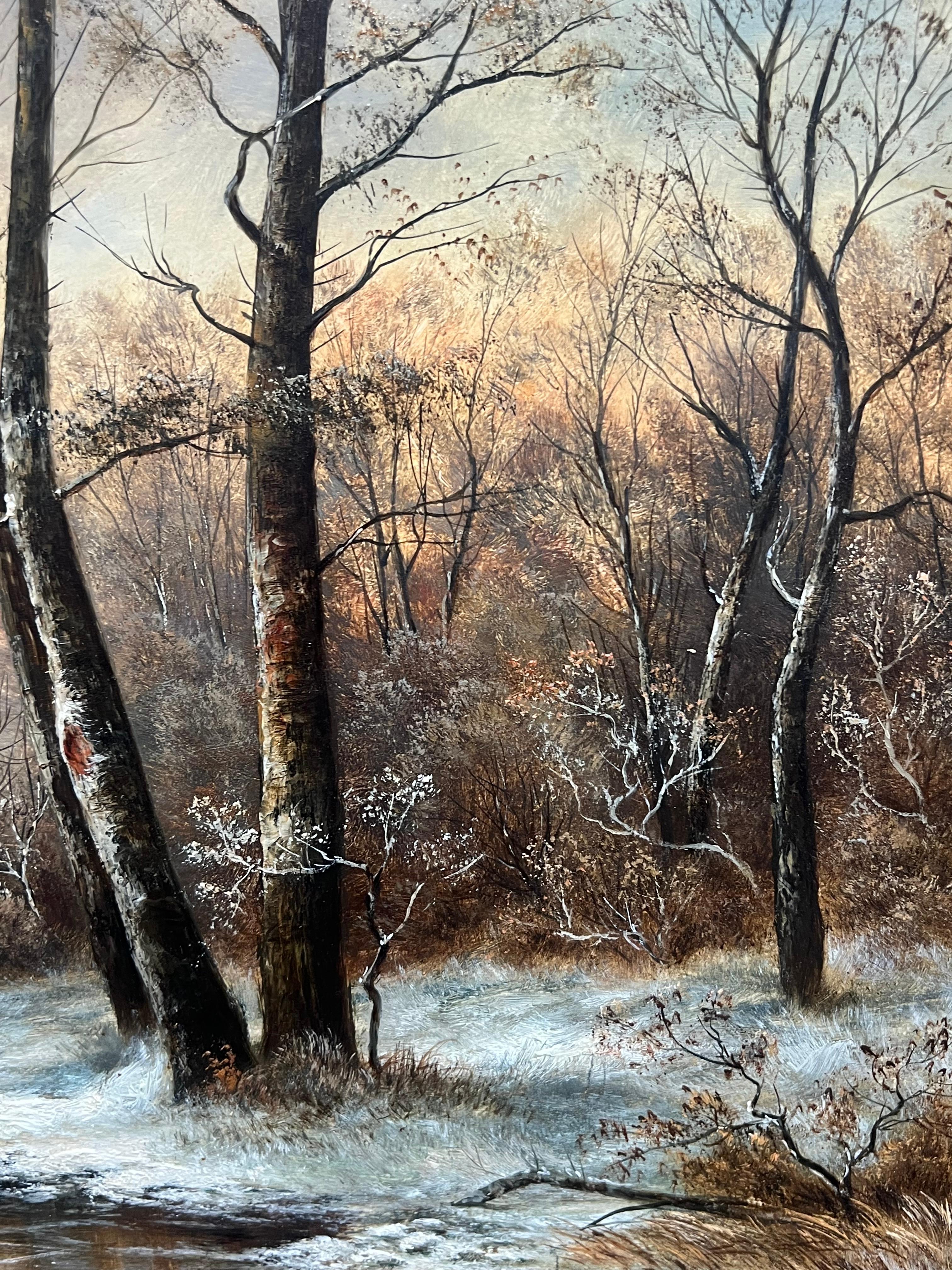 Antiguo óleo inglés Figuras en bosque nevado Paisaje tradicional firmado - Painting Victoriano de S. William