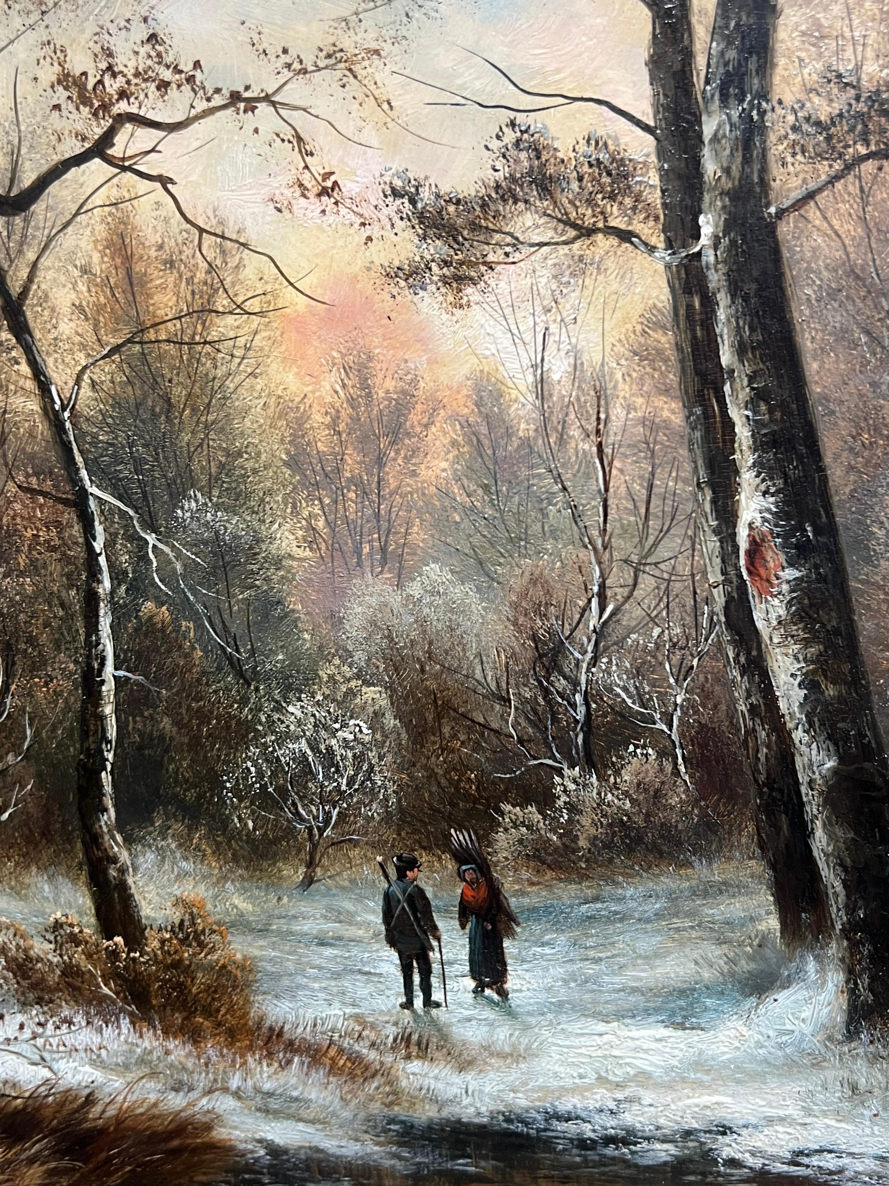 Antiguo óleo inglés Figuras en bosque nevado Paisaje tradicional firmado - Landscape Painting Marrón de S. William