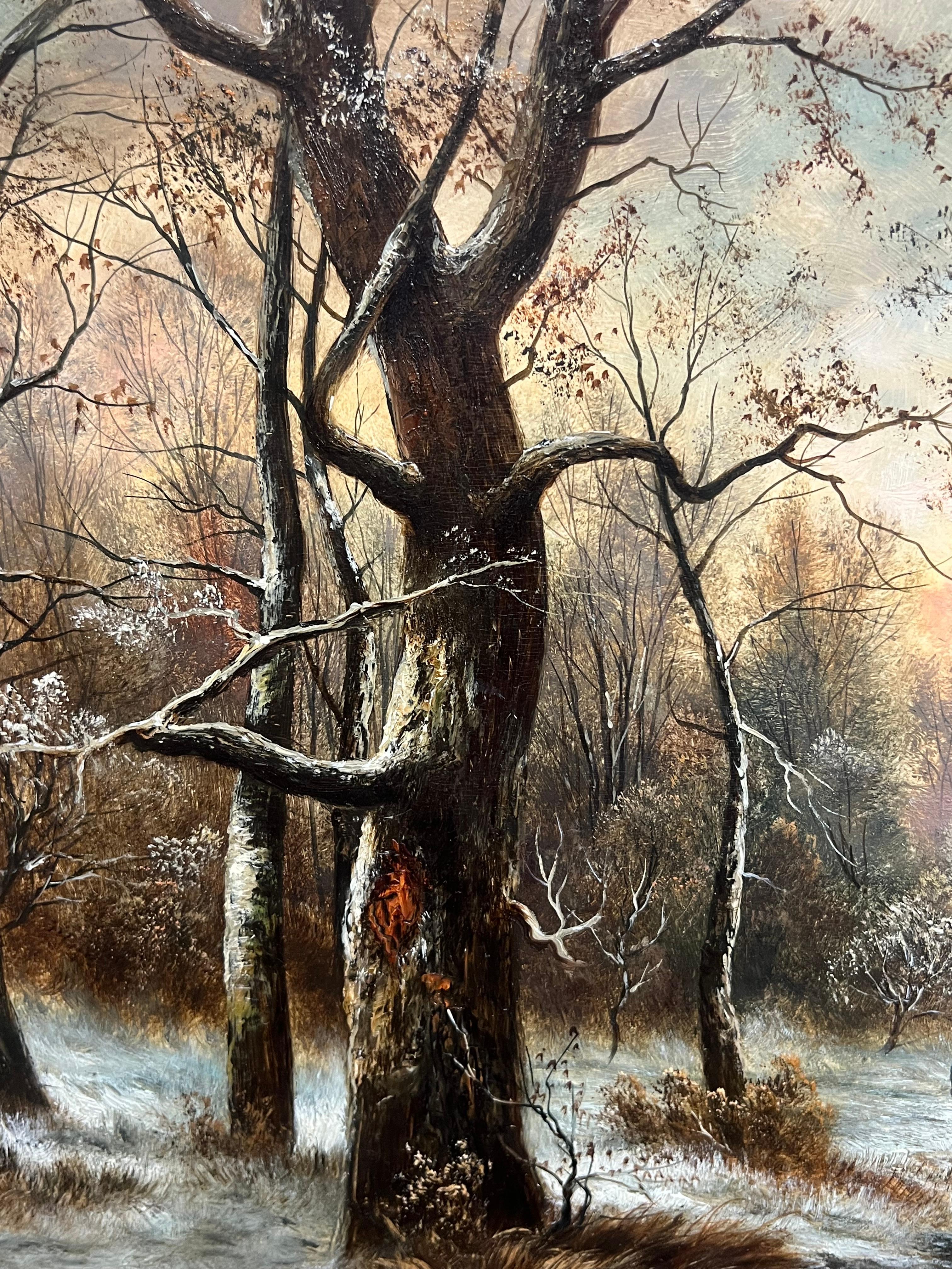 Antiguo óleo inglés Figuras en bosque nevado Paisaje tradicional firmado en venta 1