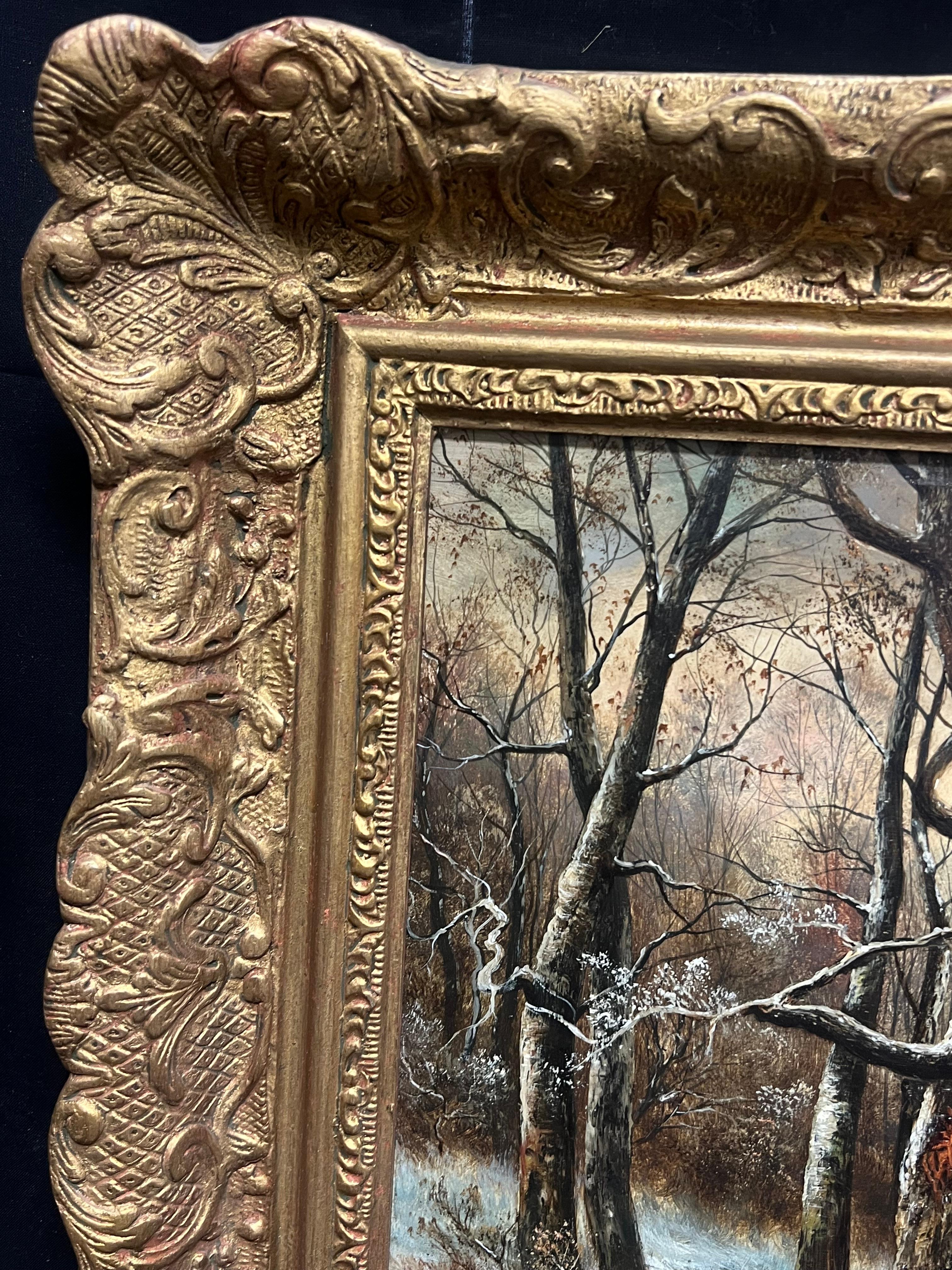 Antiguo óleo inglés Figuras en bosque nevado Paisaje tradicional firmado en venta 3