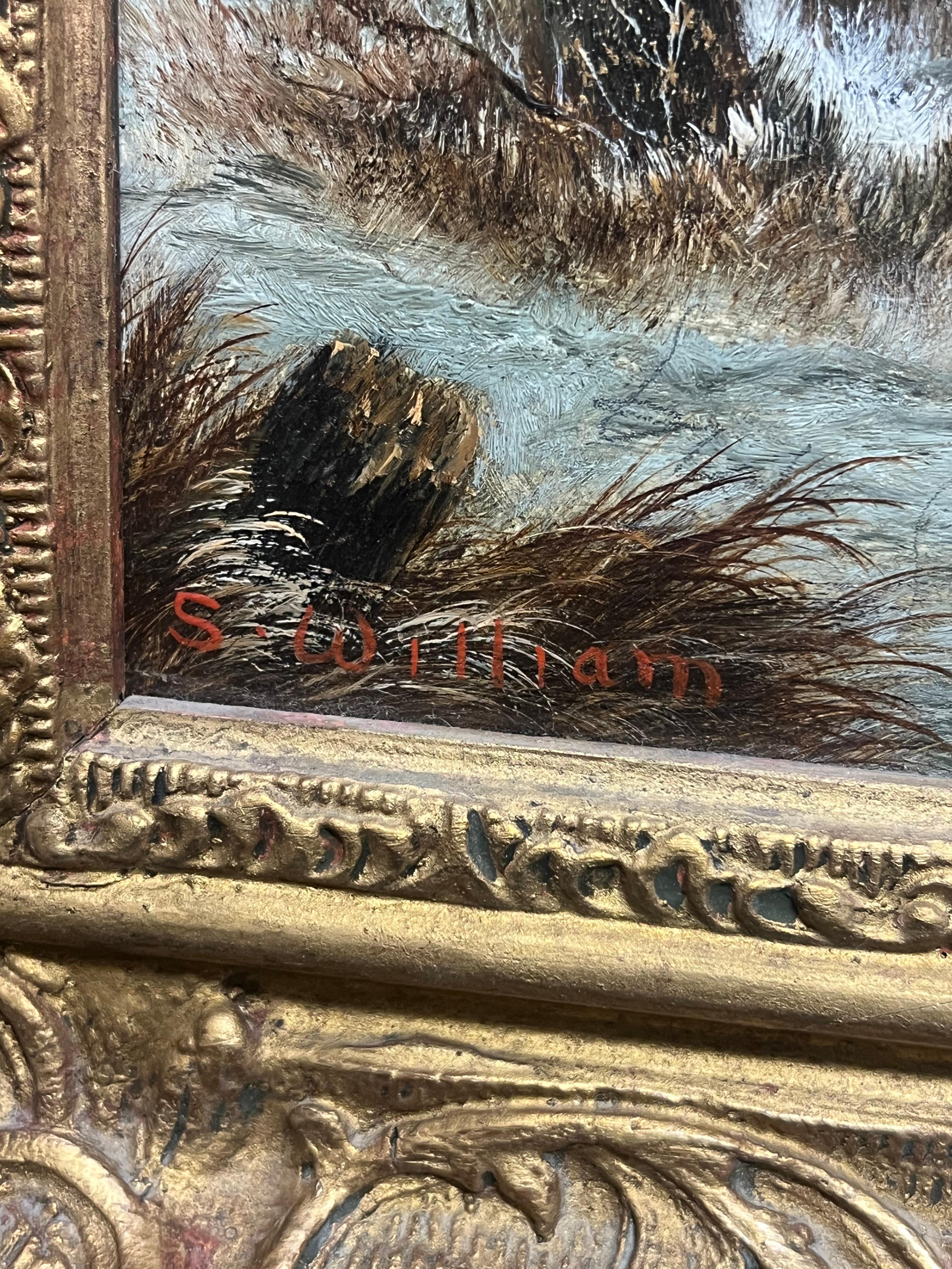 Antiguo óleo inglés Figuras en bosque nevado Paisaje tradicional firmado en venta 4
