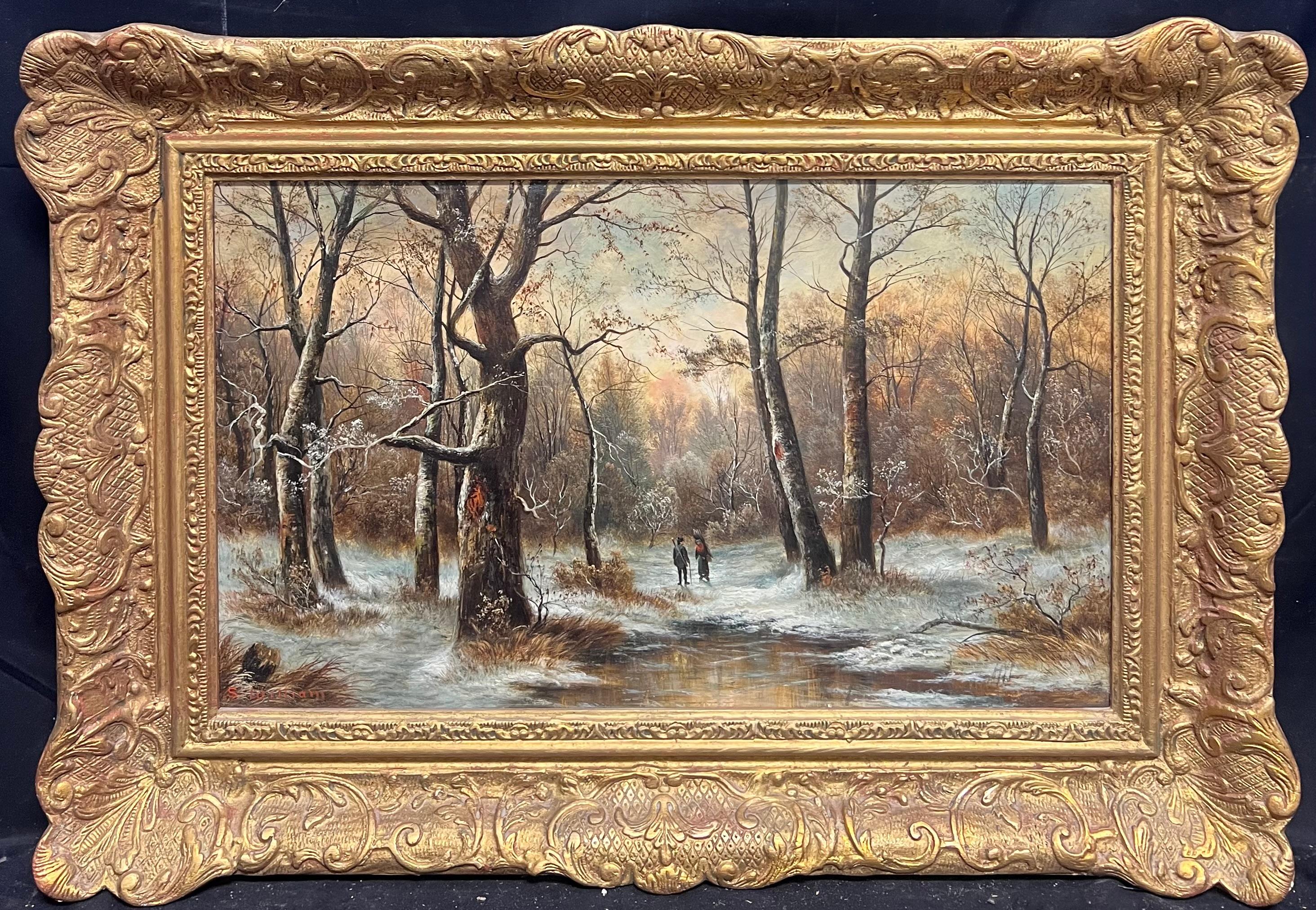 Landscape Painting de S. William - Antiguo óleo inglés Figuras en bosque nevado Paisaje tradicional firmado