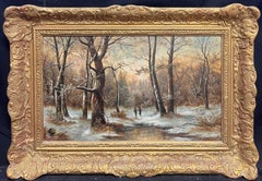 Anciennes figures à l'huile anglaises dans un paysage traditionnel des bois enneigés signé