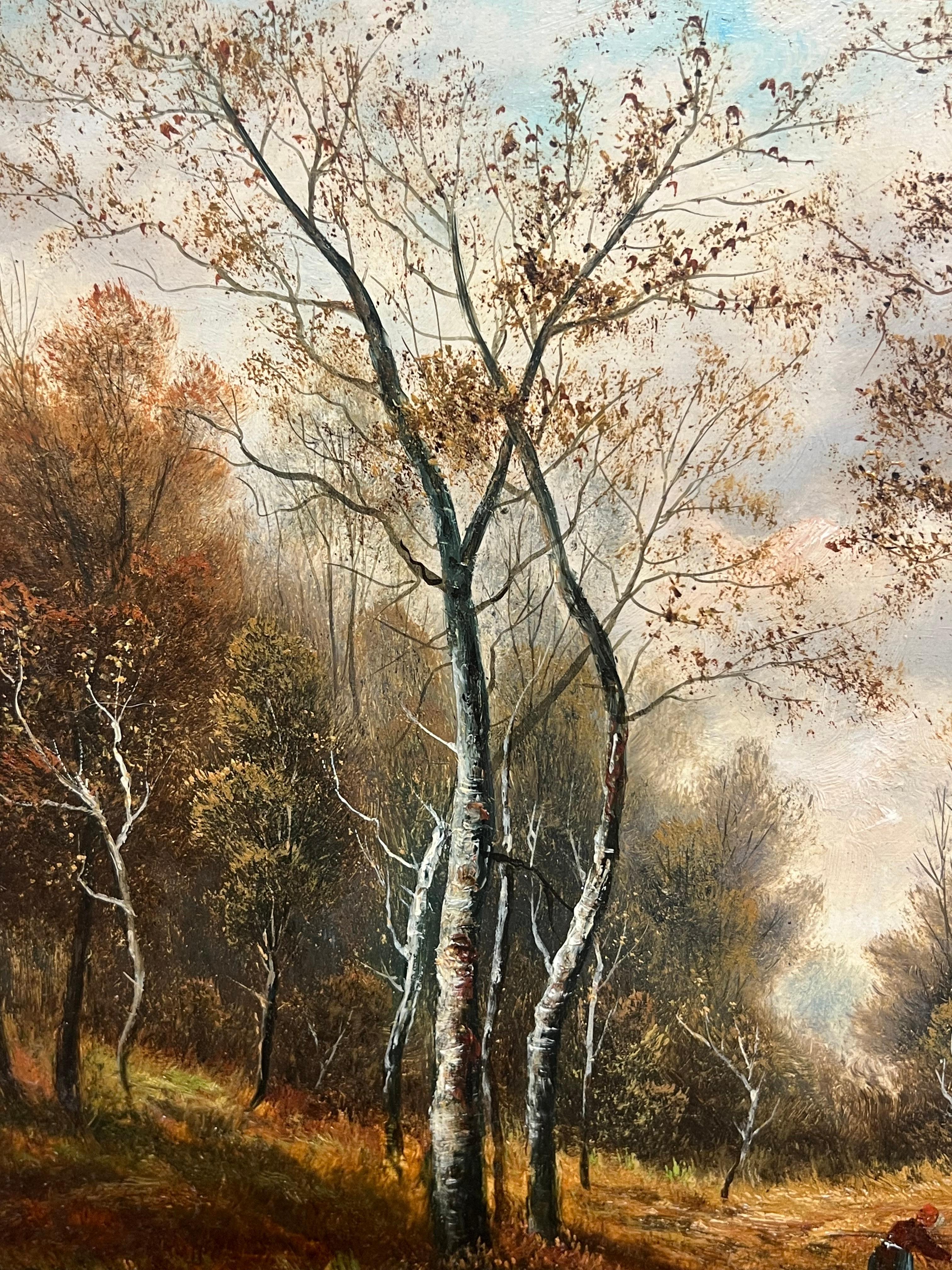 Sentiero nel bosco in autunno Paesaggio tradizionale dipinto a olio con cornice dorata e decorata in vendita 1