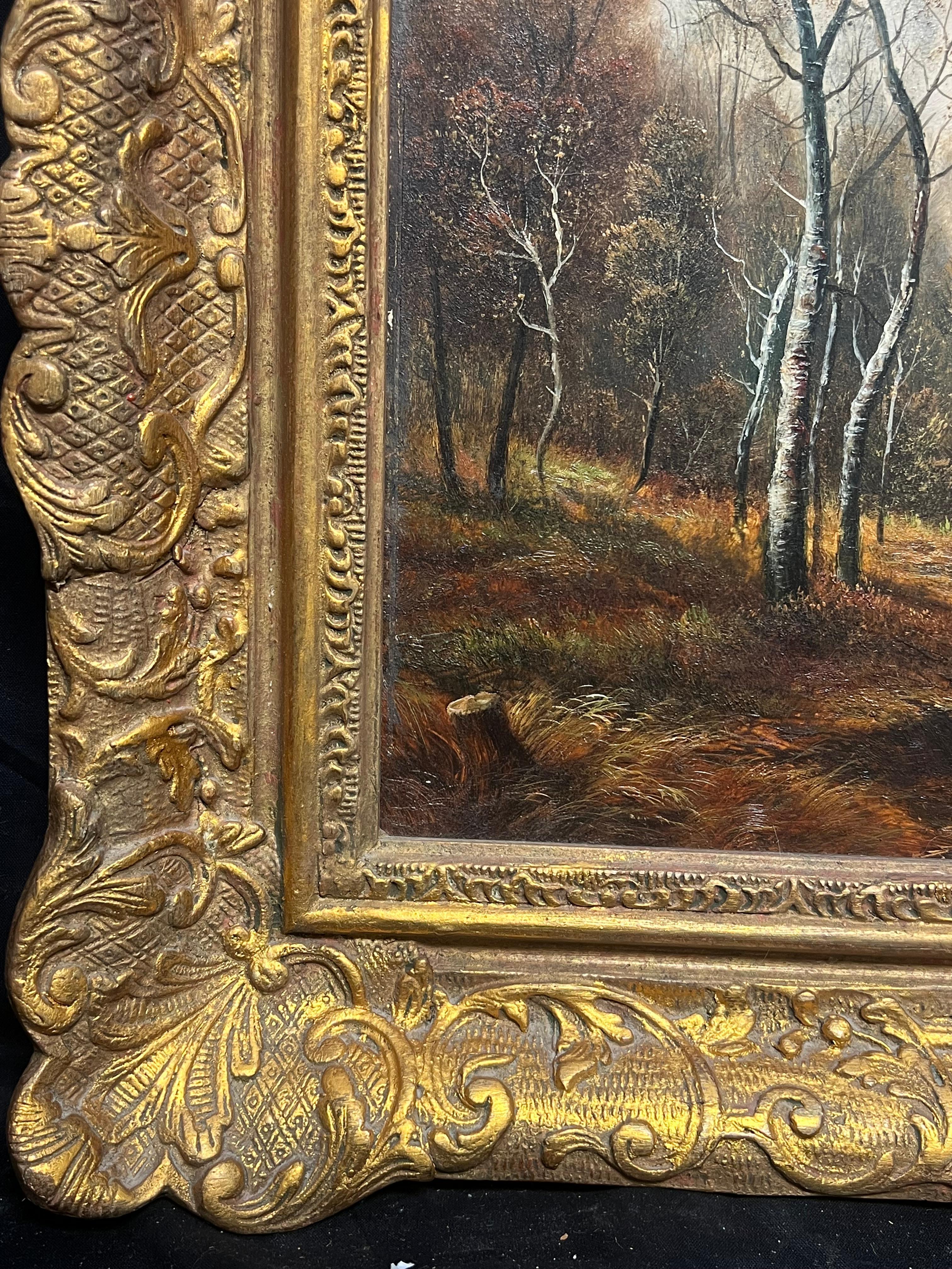 Sentiero nel bosco in autunno Paesaggio tradizionale dipinto a olio con cornice dorata e decorata in vendita 3