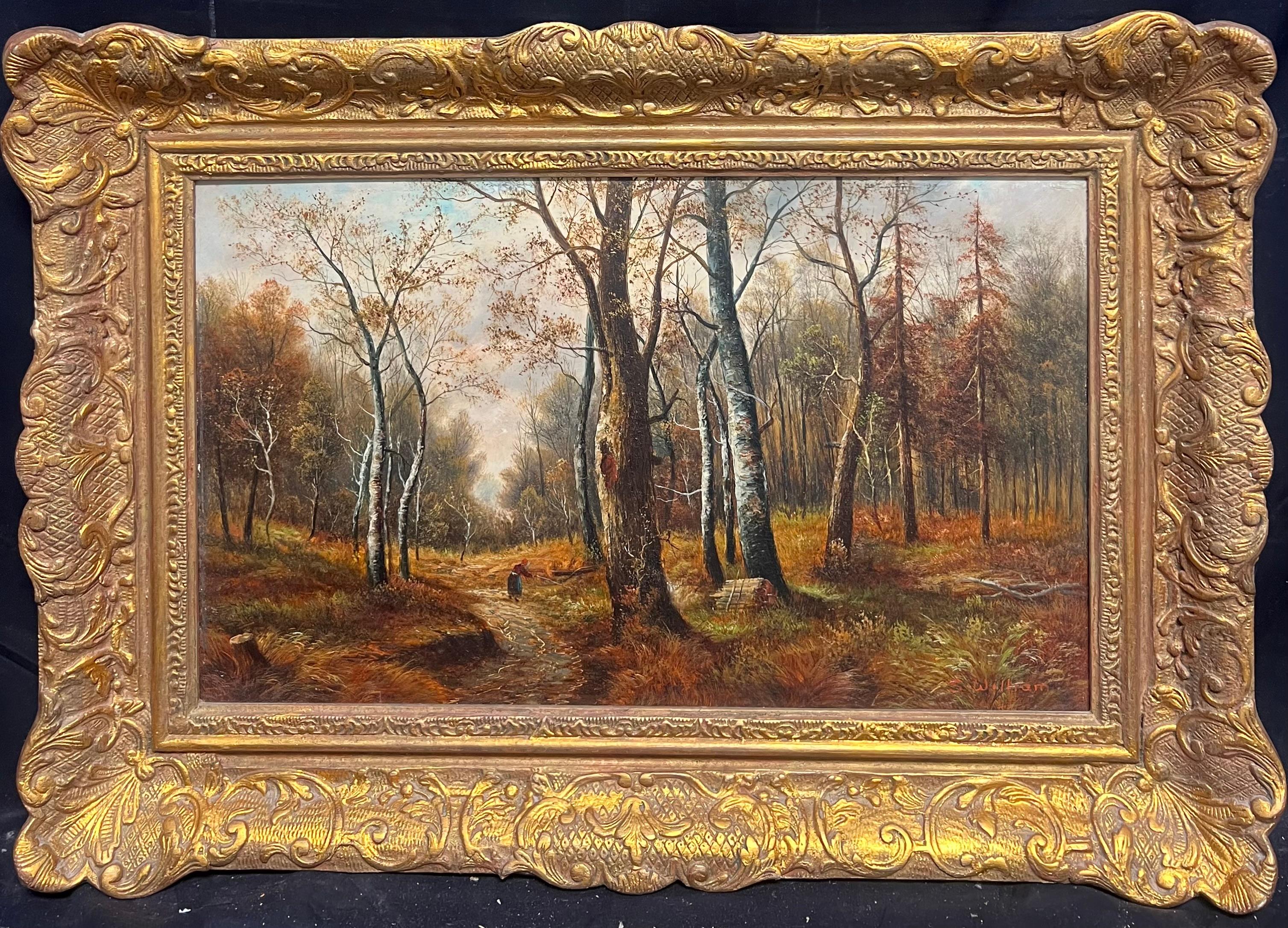 Figurative Painting di S. Williams - Sentiero nel bosco in autunno Paesaggio tradizionale dipinto a olio con cornice dorata e decorata