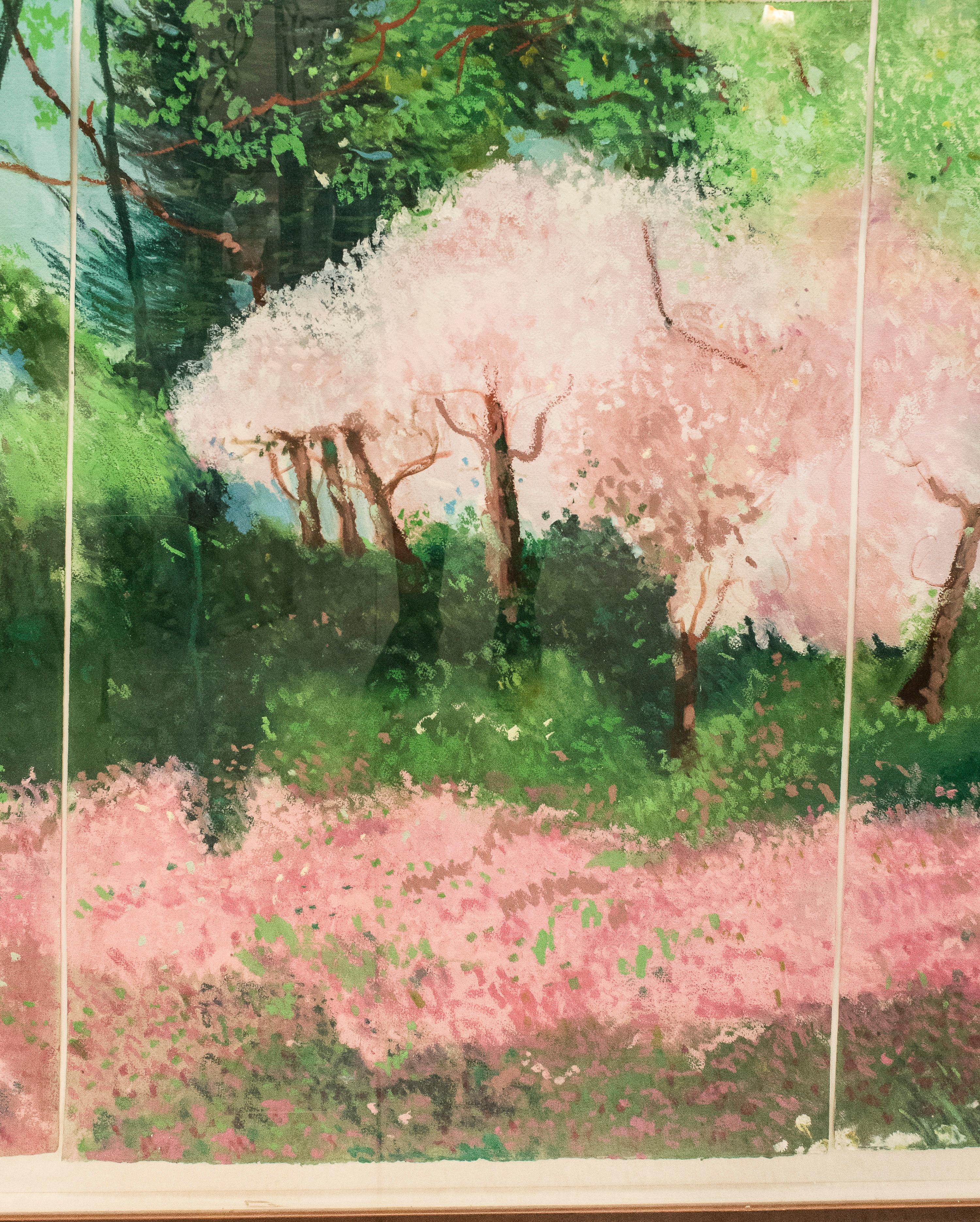 20th Century Painting Green Pink Mixed Technique on Paper 3