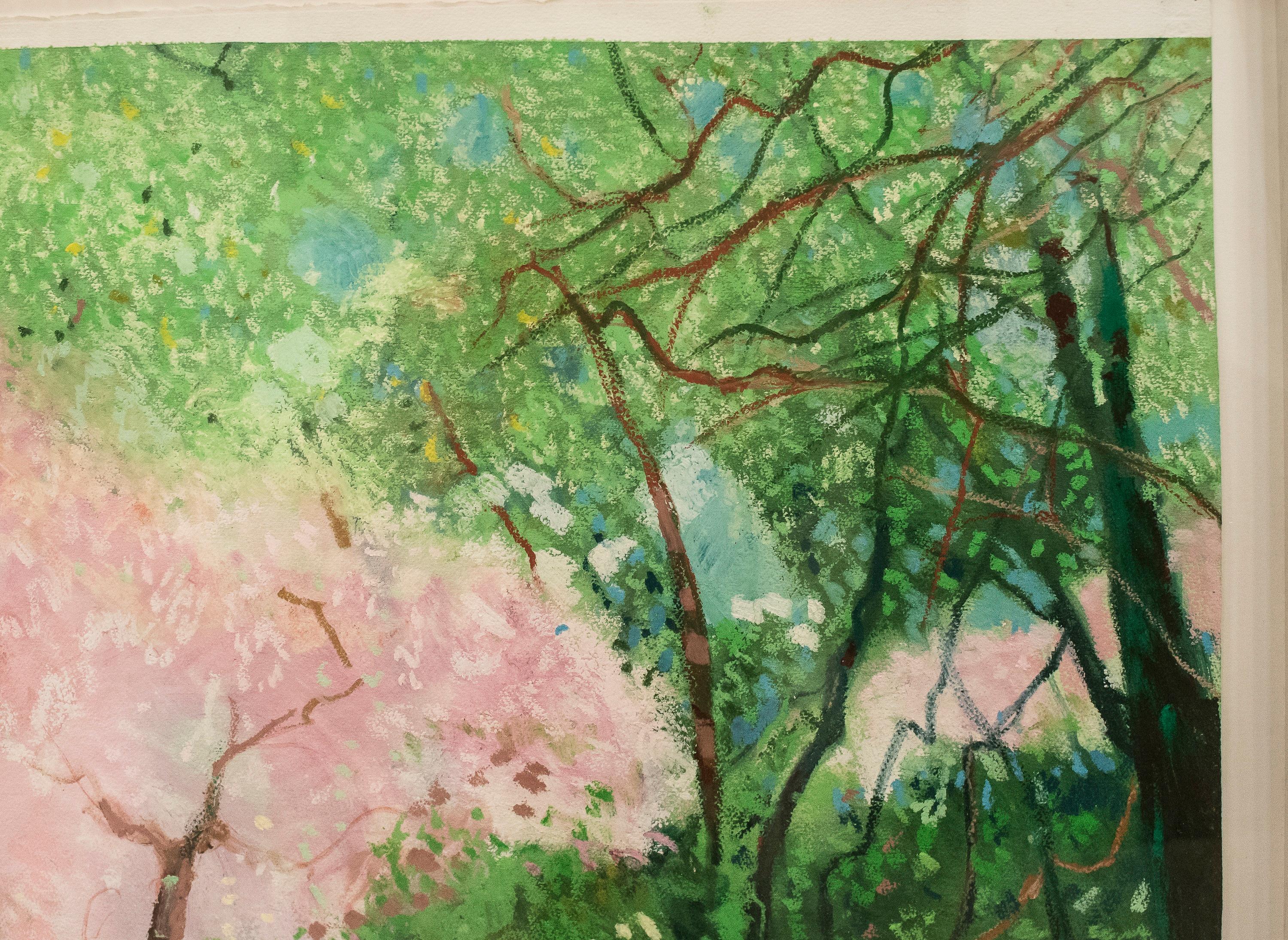 Hand-Painted 20th Century Painting Green Pink Mixed Technique on Paper 