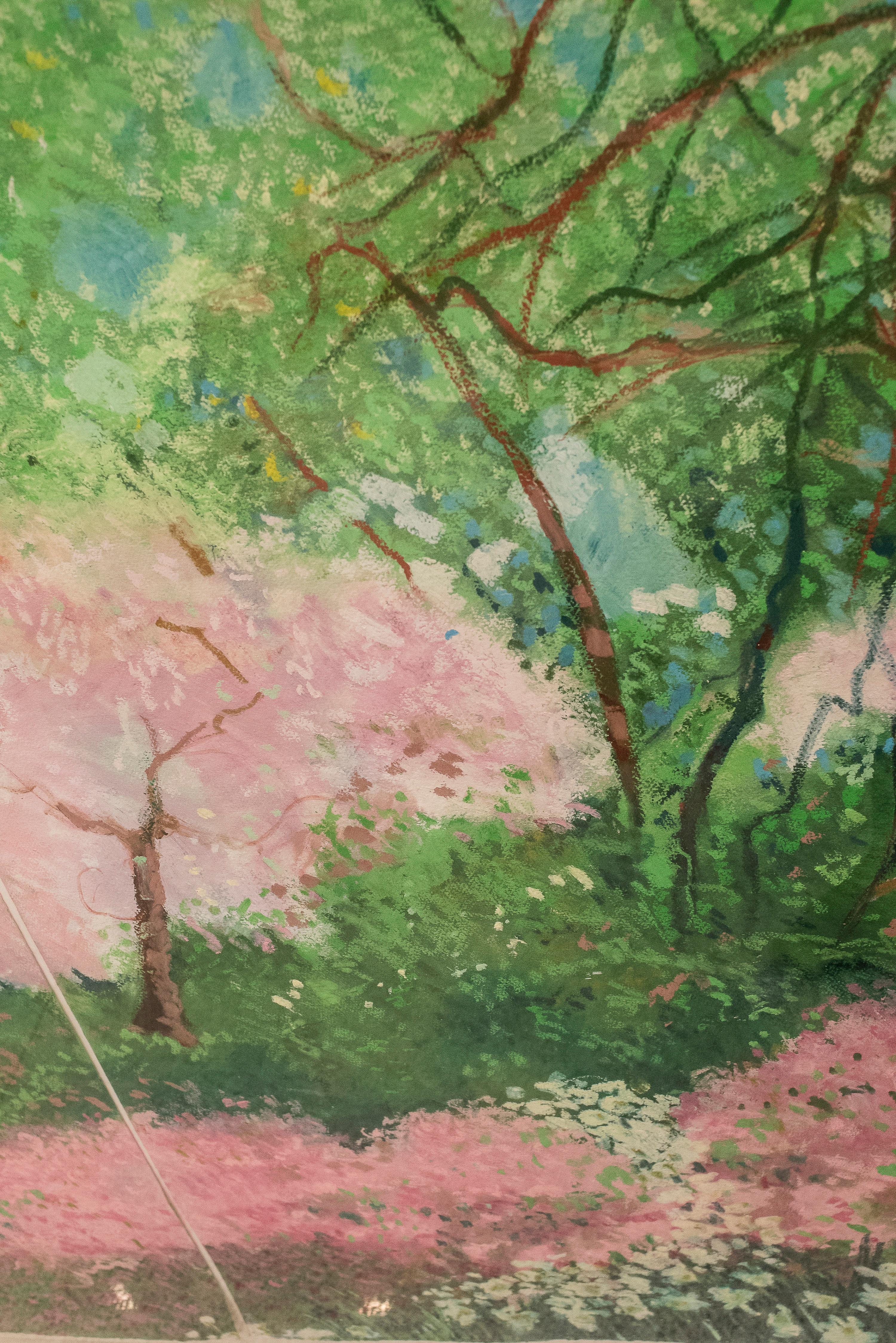 20th Century Painting Green Pink Mixed Technique on Paper  In Good Condition In Valladolid, ES