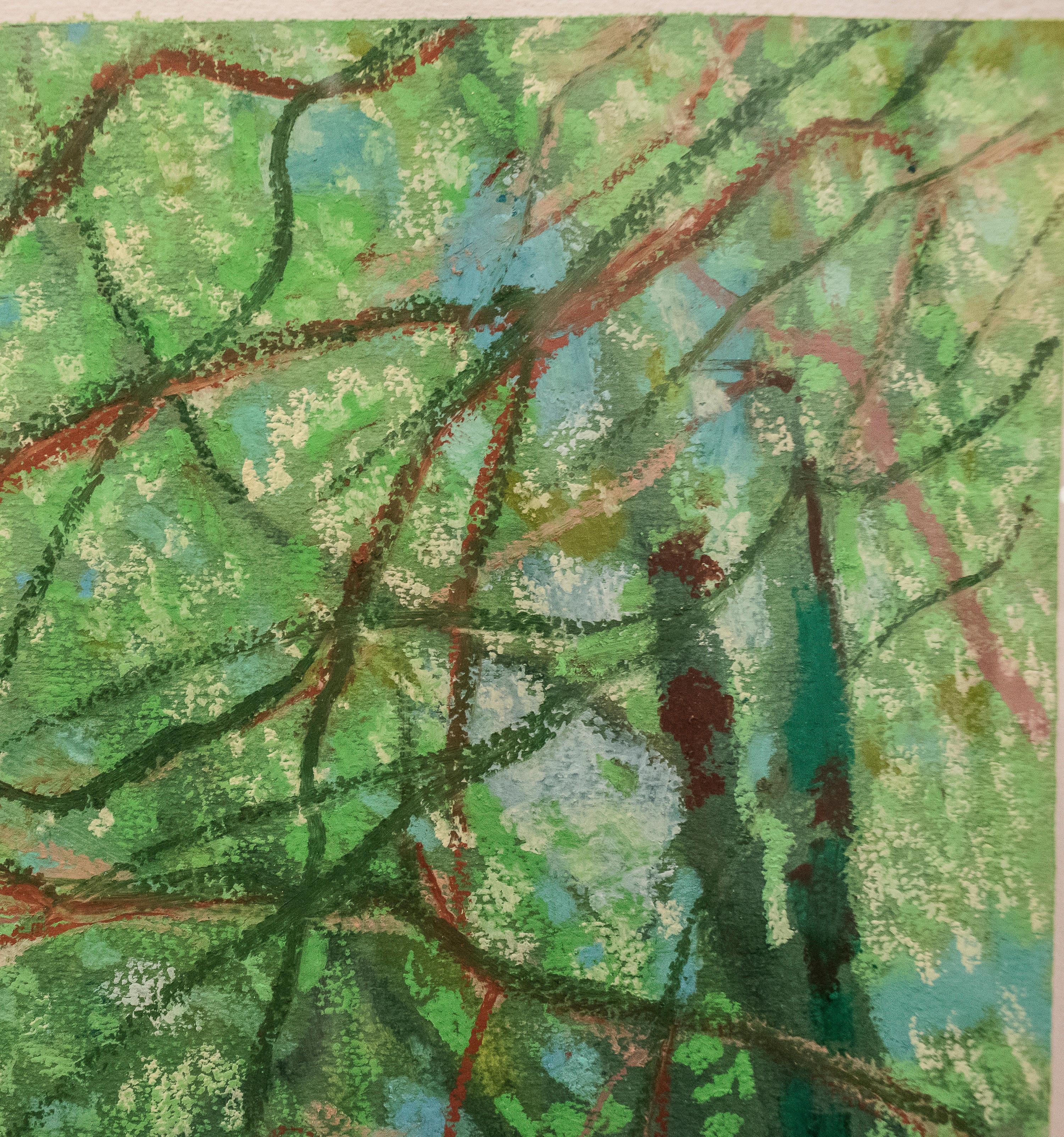 Mid-20th Century 20th Century Painting Green Pink Mixed Technique on Paper