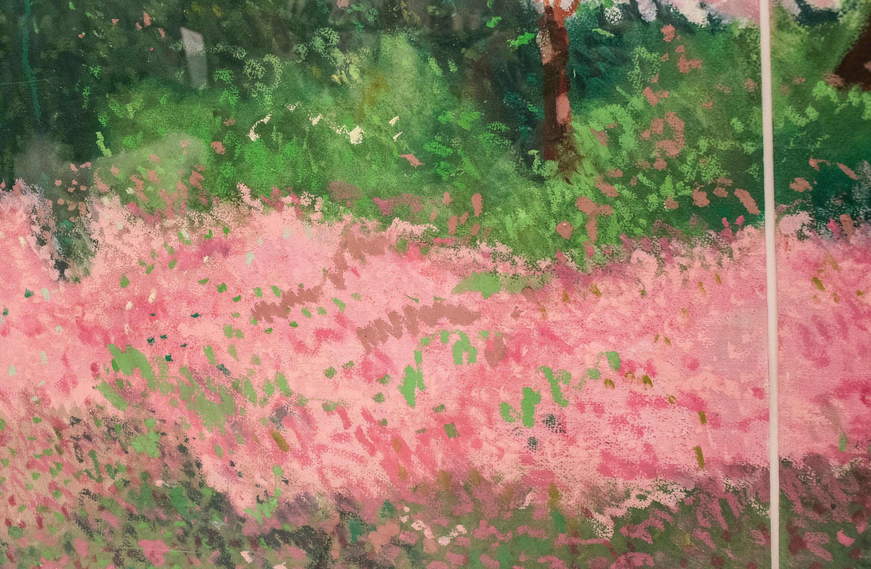 20th Century Painting Green Pink Mixed Technique on Paper  1