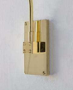 S01 Sm. Sconce, Polished Unlacquered Brass, Tennis Green Leather Shade, Pivoting