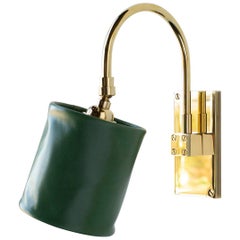 S01 Sm. Sconce, Polished Unlacquered Brass, Tennis Green Leather Shade, Pivoting