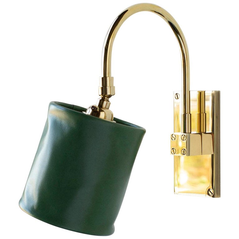 S01 Sm. Sconce, Polished Unlacquered Brass, Tennis Green Leather Shade, Pivoting For Sale