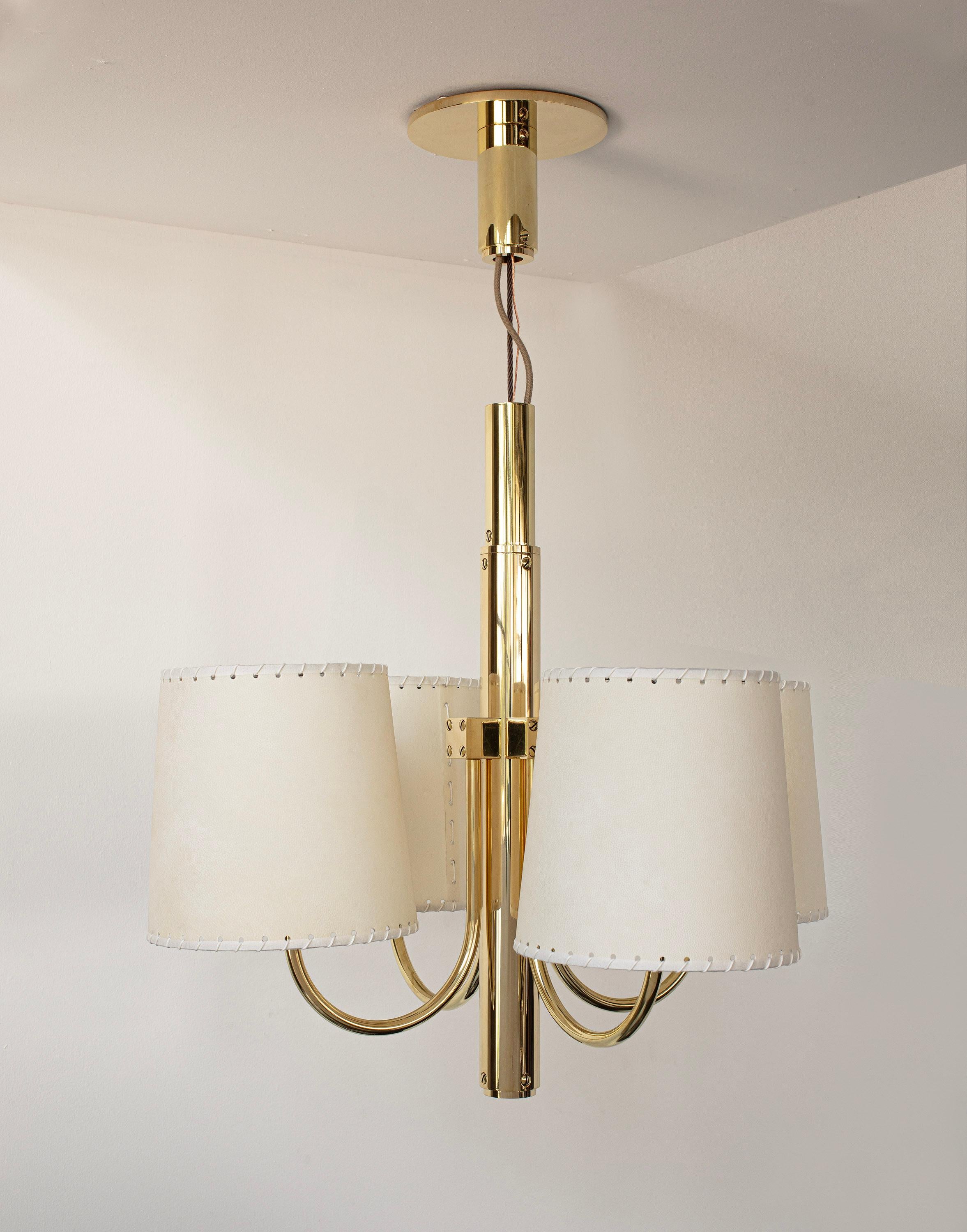 Contemporary S01 Upright Electrolier Polished Unlacquered Brass, Goatskin Parchment Shades For Sale