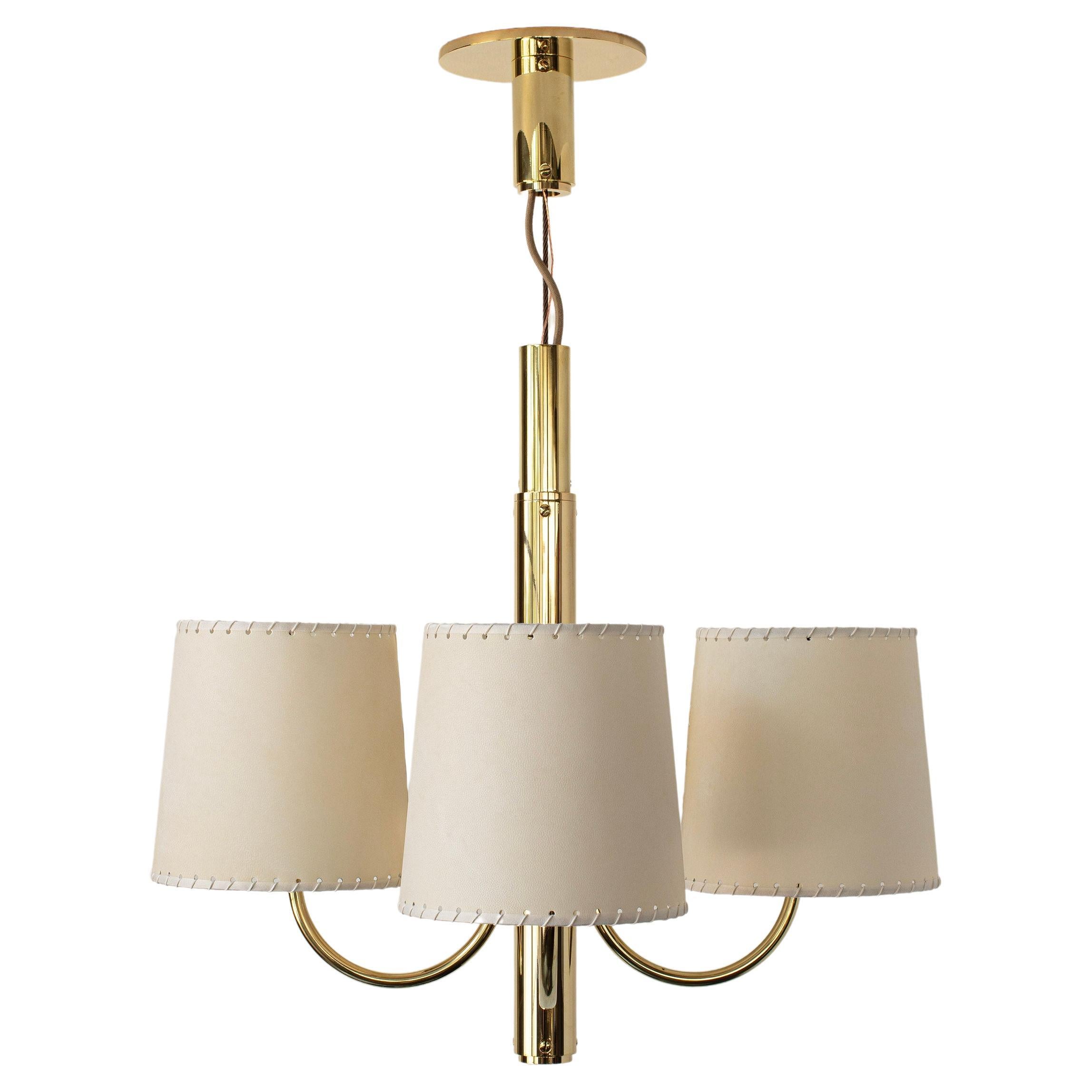 S01 Upright Electrolier Polished Unlacquered Brass, Goatskin Parchment Shades For Sale