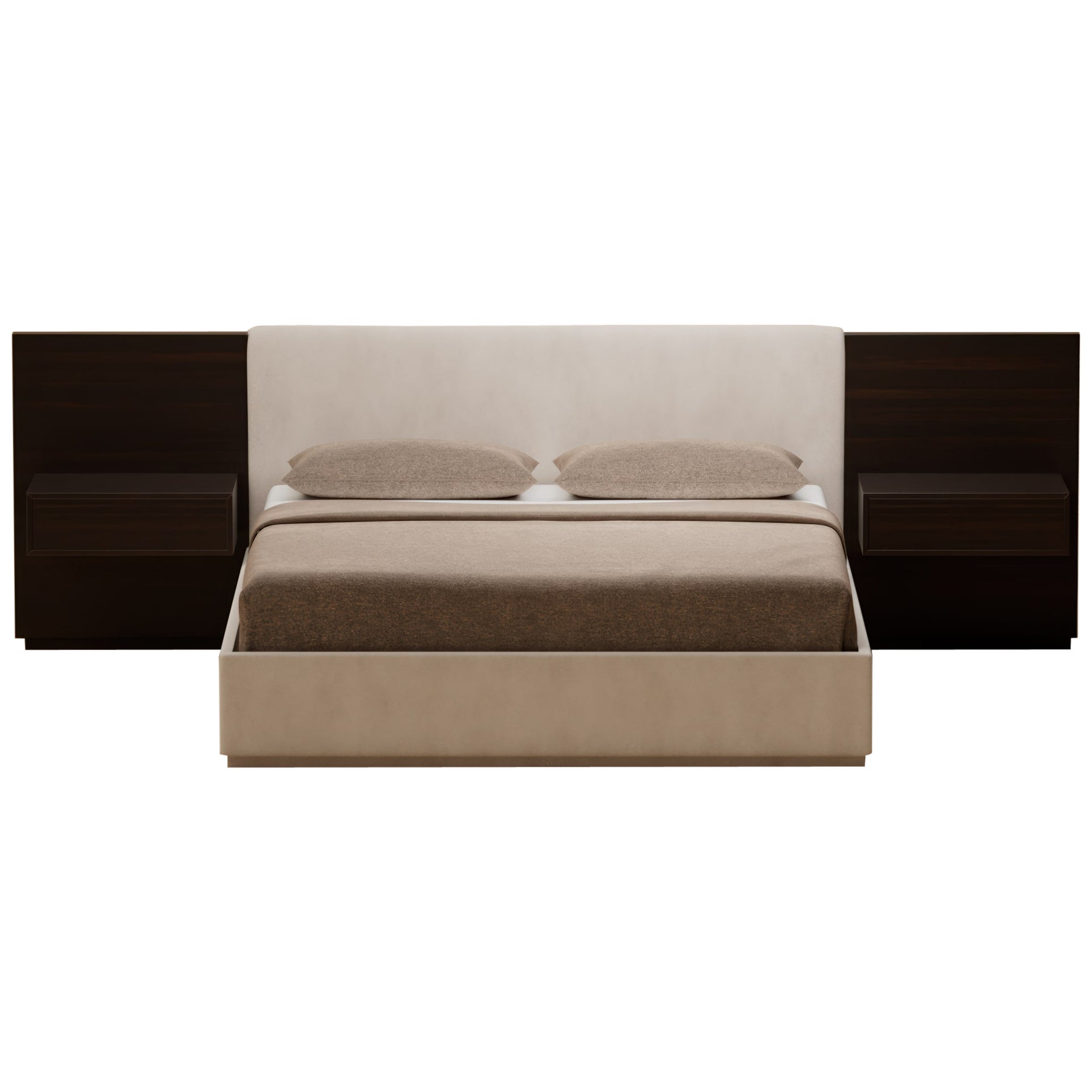 S.05 Cama Tapizada con Mesas Auxiliares Empotradas / Nogal Ebonizado by Lusano