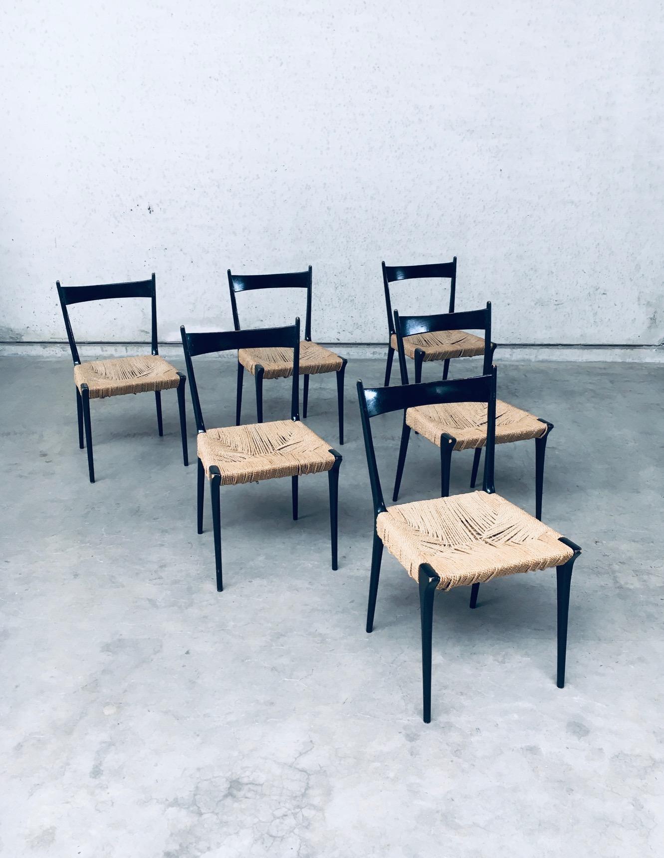 Vintage Midcentury Modern Belgian Design S11 Model Dining Chair set of 6 by Alfred Hendrickx for Belform, made in Belgium 1950's. Wonderful designed chairs in black stained beech wood and danish seagrass woven seats. All original condition. The