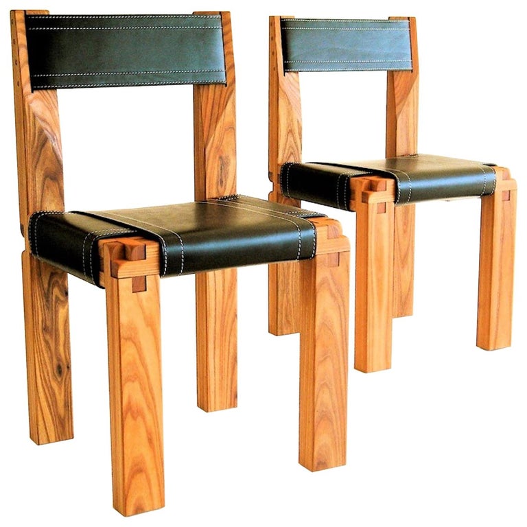 S11 wood chair by Pierre Chapo, France 
This chair was designed by Chapo 1966 and shows a very special wood connection without any screws or glue.
Leather is available in nature, brown or black. Wood in elm or oak. Price is per piece.