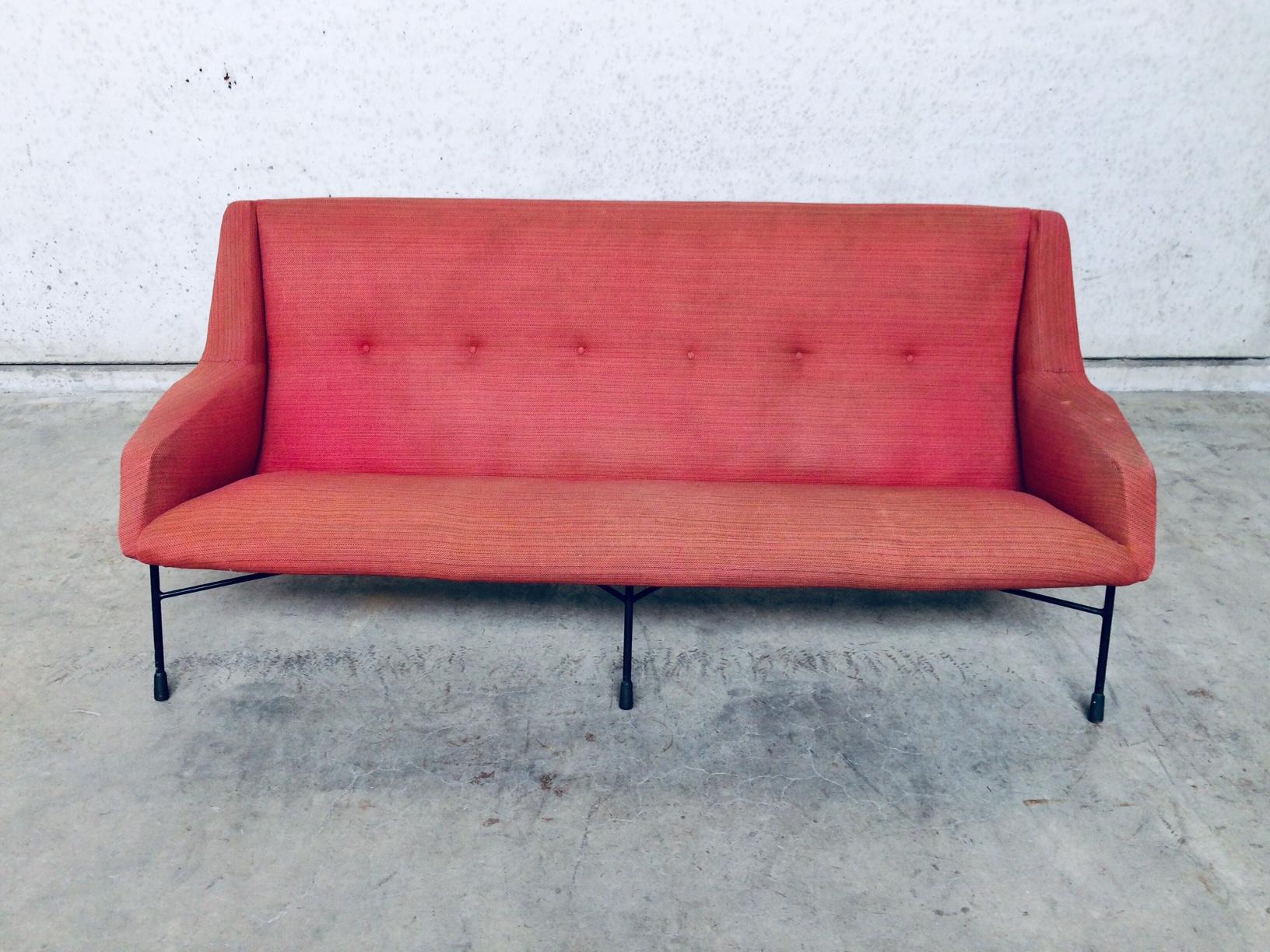 Vintage Mid-Century Modern Design model S12 3 seat Sofa by Alfred Hendrickx for Belform, Belgium 1958. All original, untouched fabric and vintage condition. Comes all complete with all 5 brass feet supports. Beautifull original dark pink / light red
