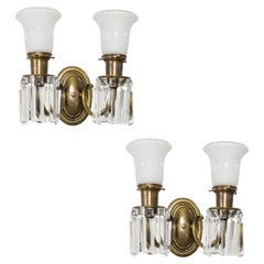 S135 Early 20th Century Two Arm Brass and Crystal Sconces, a Pair