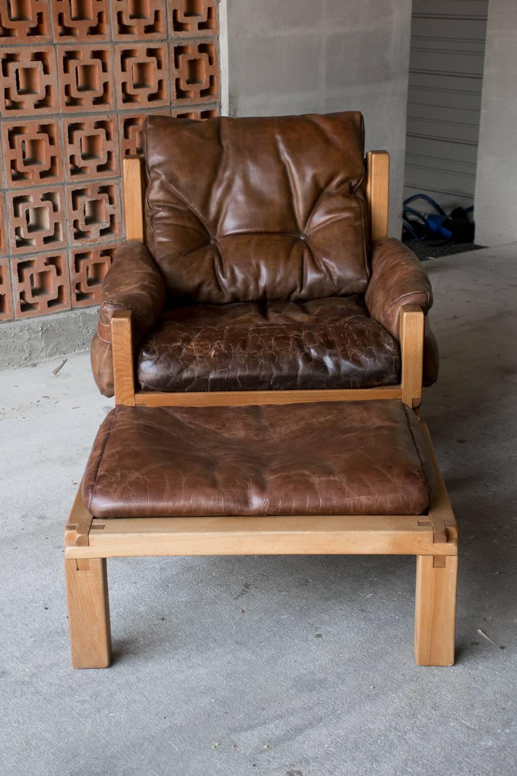 Leather S15 Lounge Chair and Ottoman, Pierre Chapo, France, circa 1970