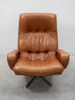 S231 Swivel De Sede Camel Leather Lounge Chair with Footstool, 1970s