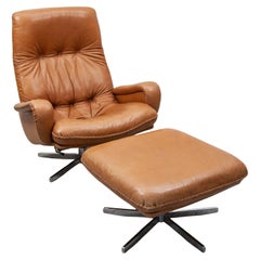 S231 Swivel De Sede Camel Leather Lounge Chair with Footstool, 1970s