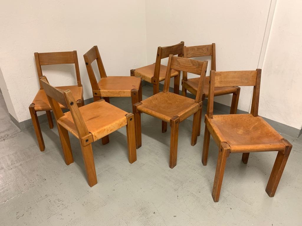 S24 solid elm and cognac leather chairs by Pierre Chapo, France circa 1960s
4 chairs in good condition, 3 others more patinated and older ( see pictures )
Price is per chair.