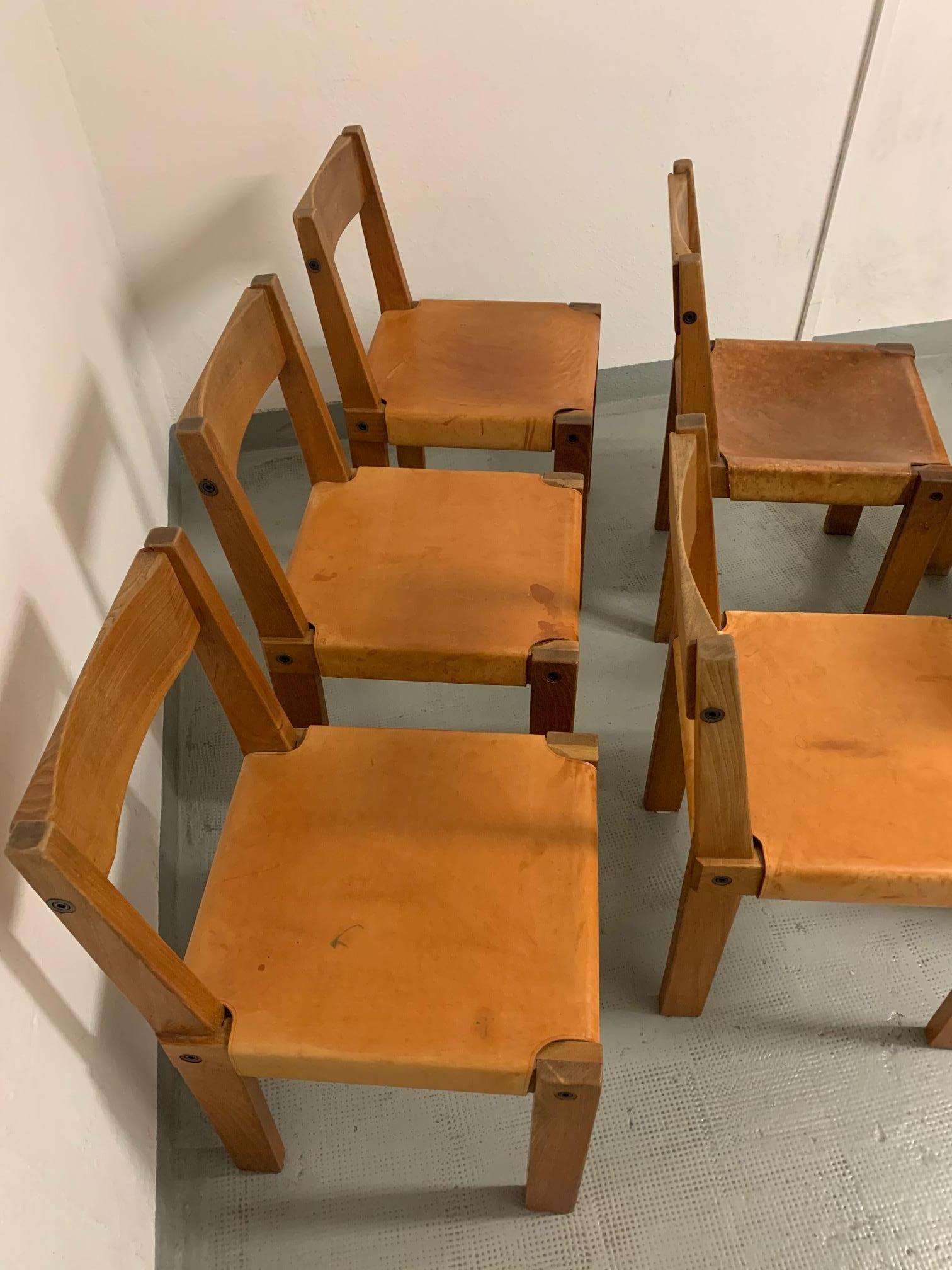 Late 20th Century S24 Solid Elm and Cognac Leather Chairs by Pierre Chapo