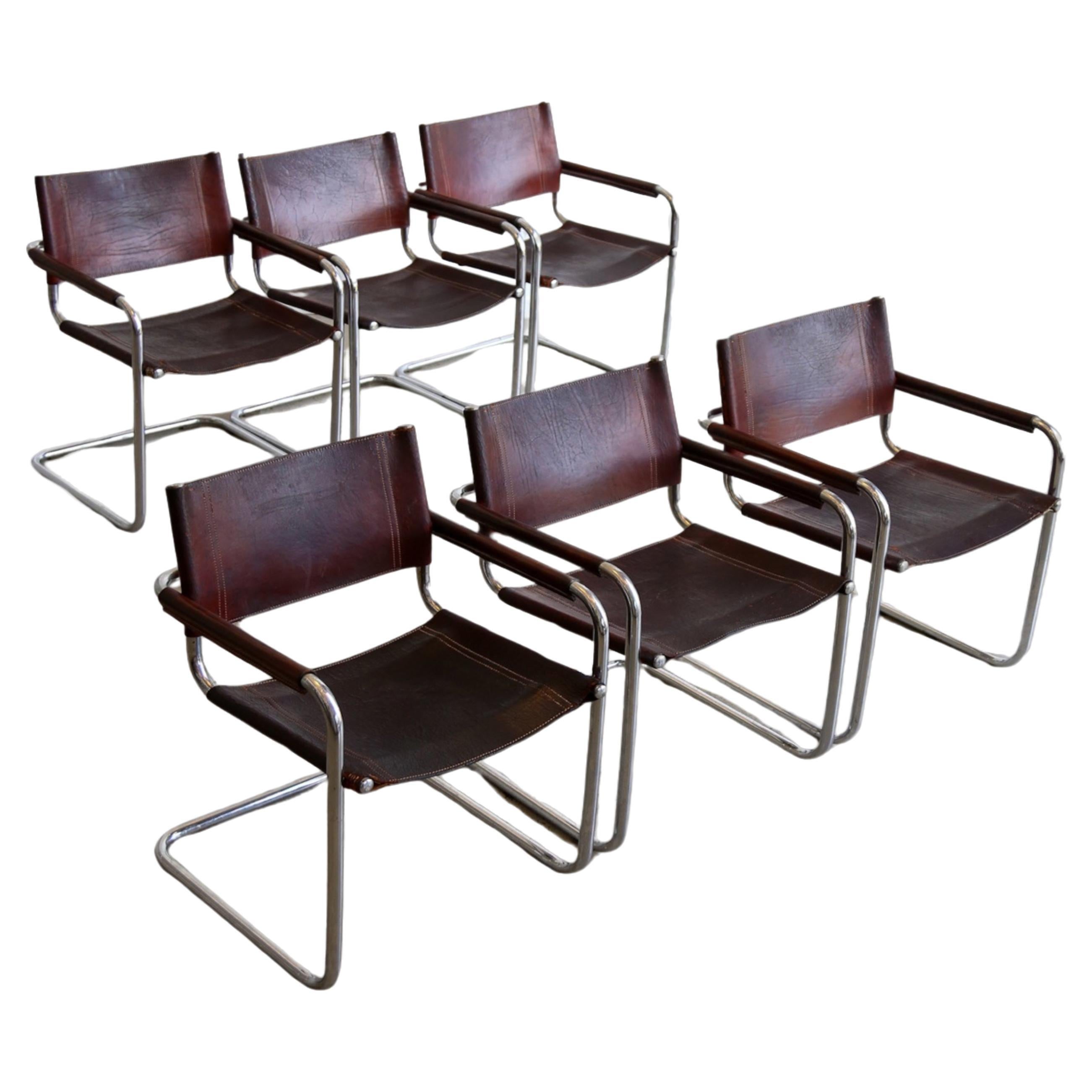 S33 Marcel Breuer Brown Leather & Chrome Set of Six Chairs 