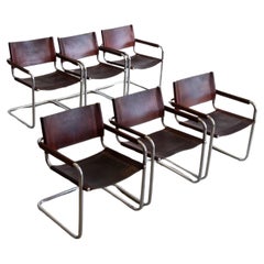Retro S33 Marcel Breuer Brown Leather & Chrome Set of Six Chairs 