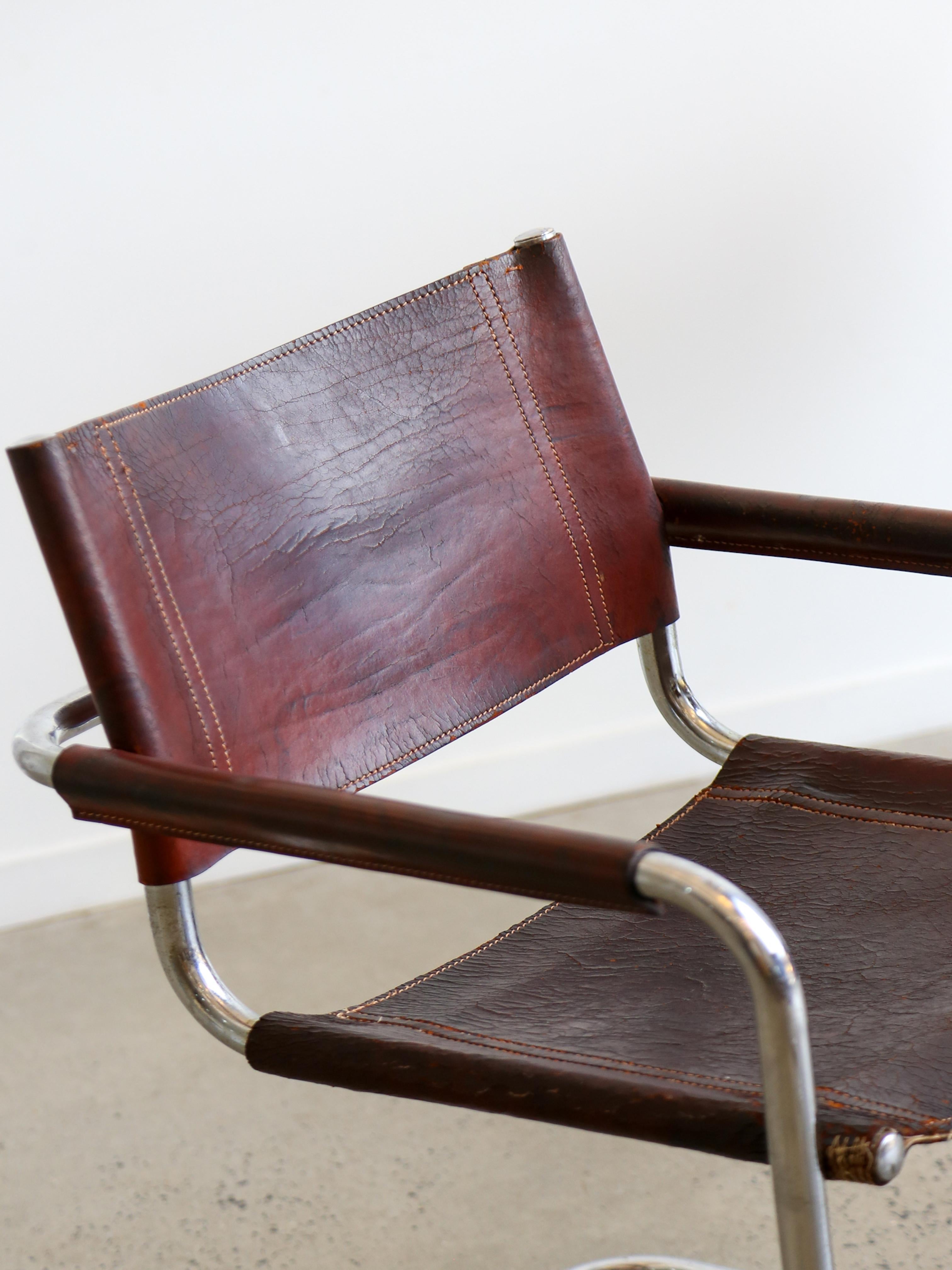 Italian S33 Marcel Breuer Brown Leather & Chrome Set of Six Chairs  For Sale
